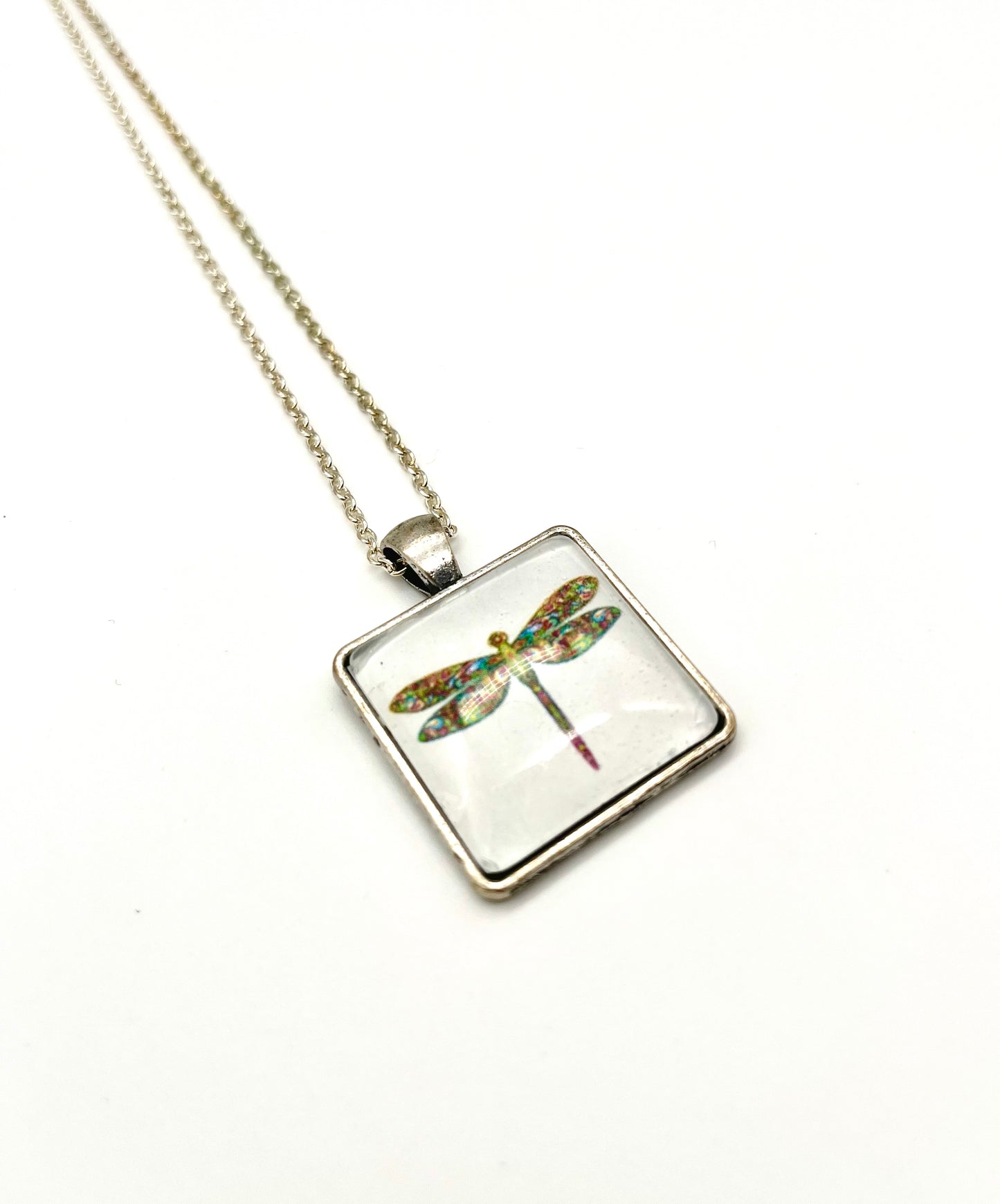 Antique silver dragonfly print square pendant chain necklace-limited edition