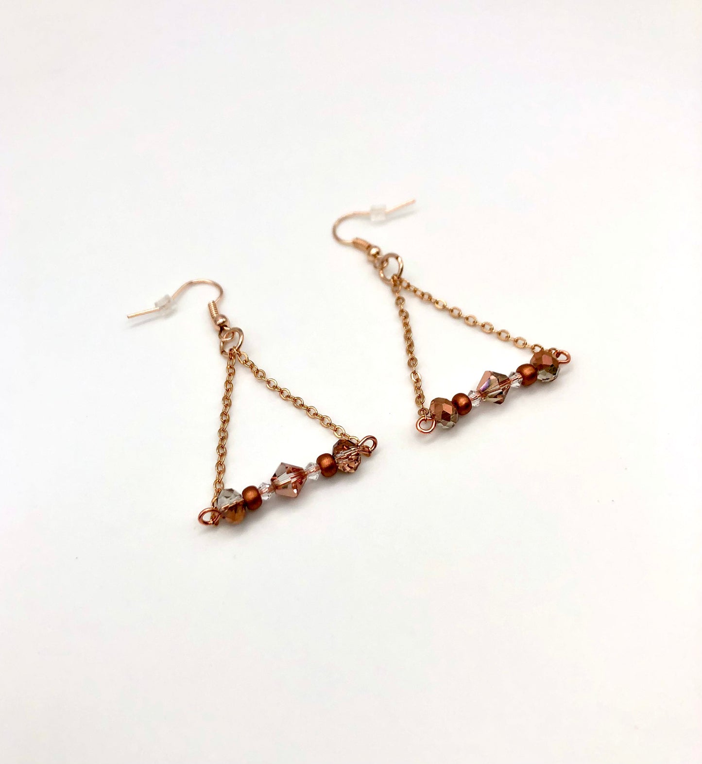 Rose gold bead and chain triangle earrings