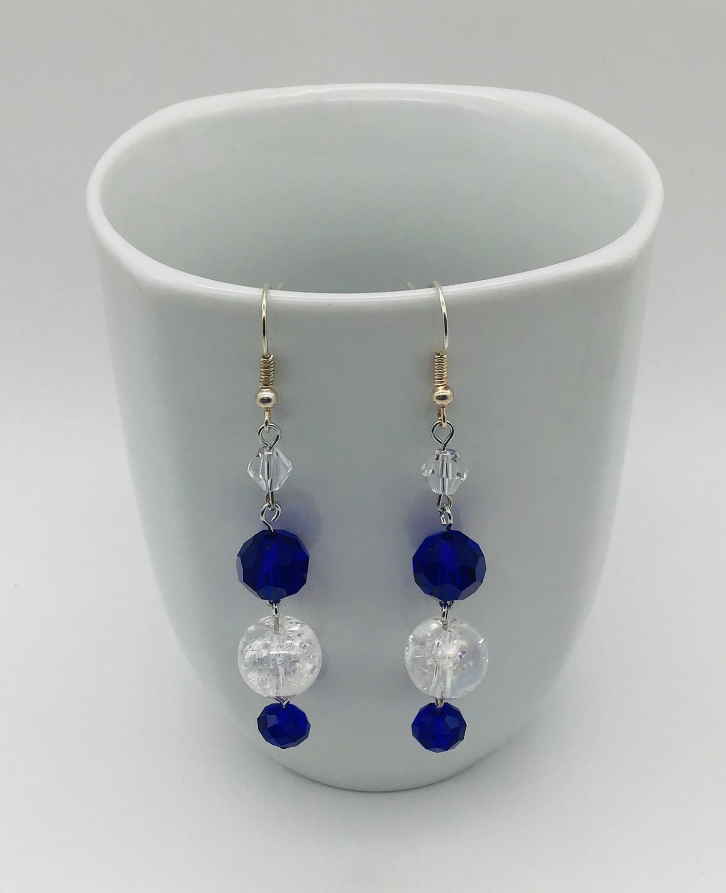 Royal blue faceted and crystal glass bead fishhook earrings