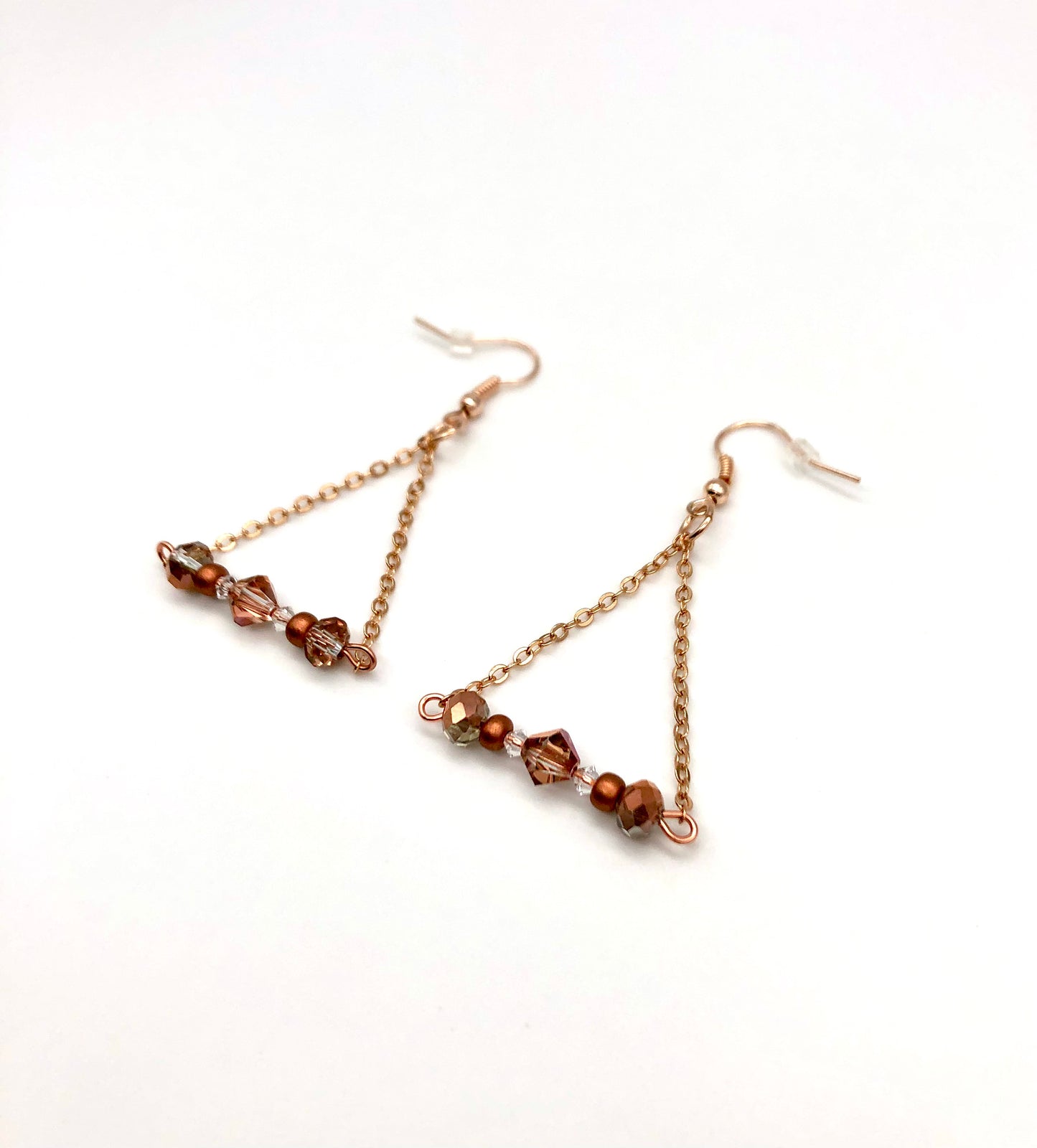 Rose gold bead and chain triangle earrings