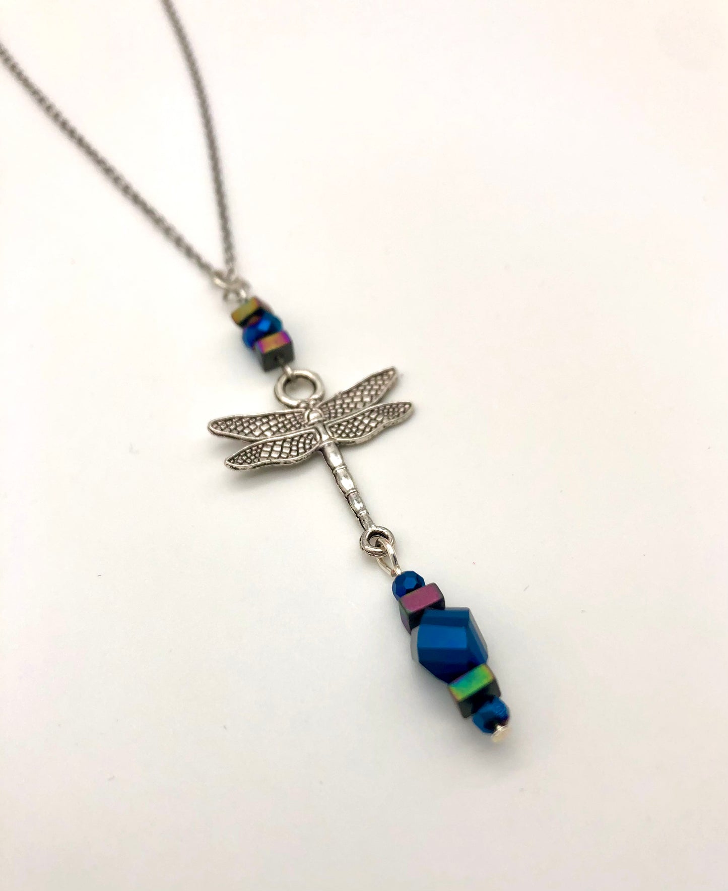 Dragonfly pendant with glass bead detail stainless steel necklace