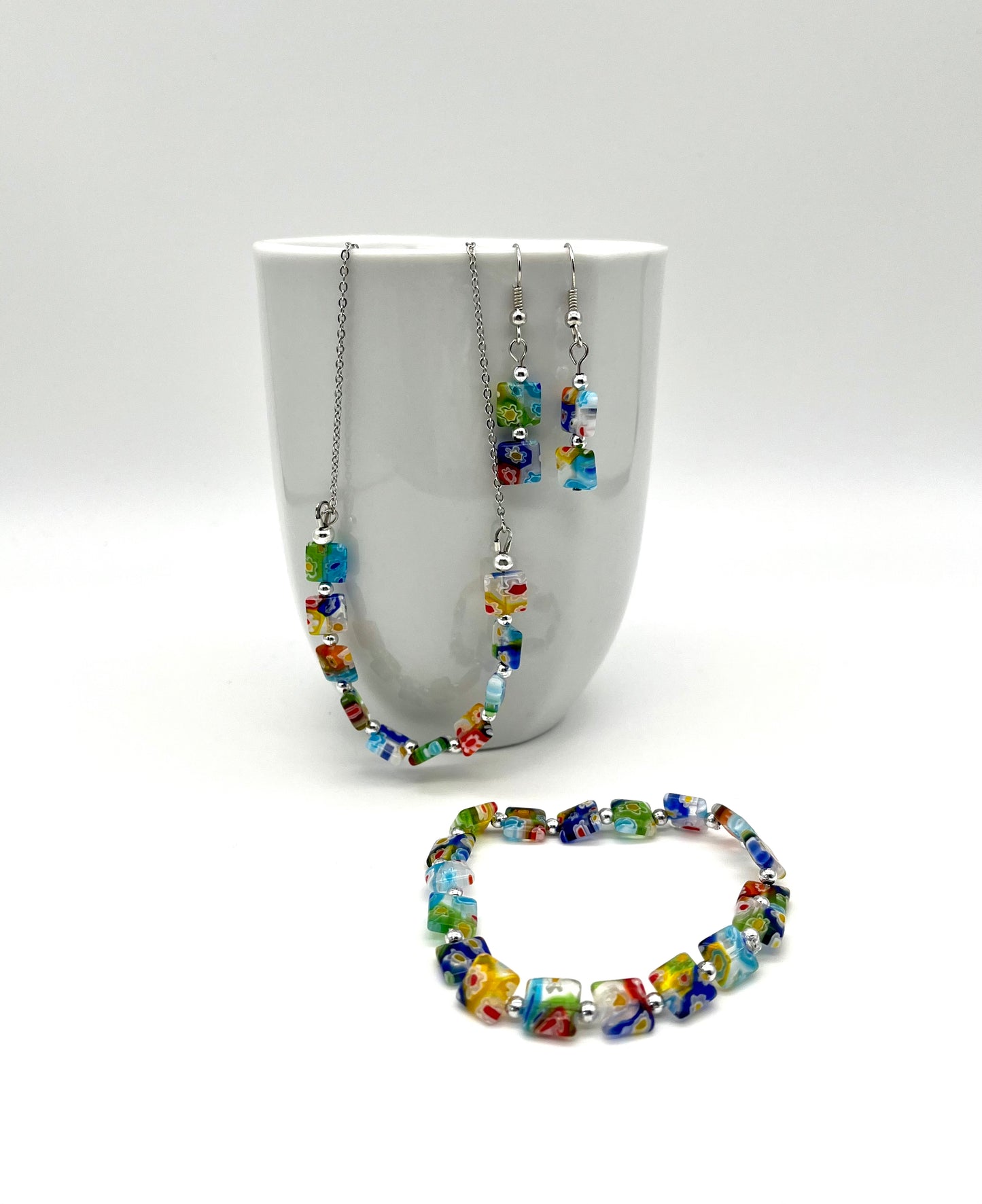 Multi-color millefiori square glass bead earrings