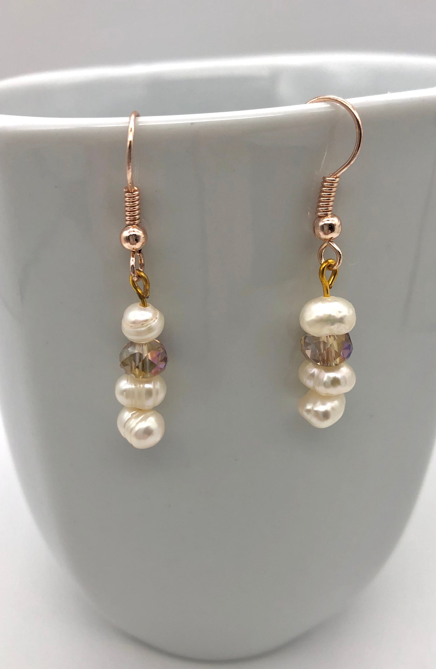 Champagne glass bead and freshwater pearl rose gold fishhook earrings