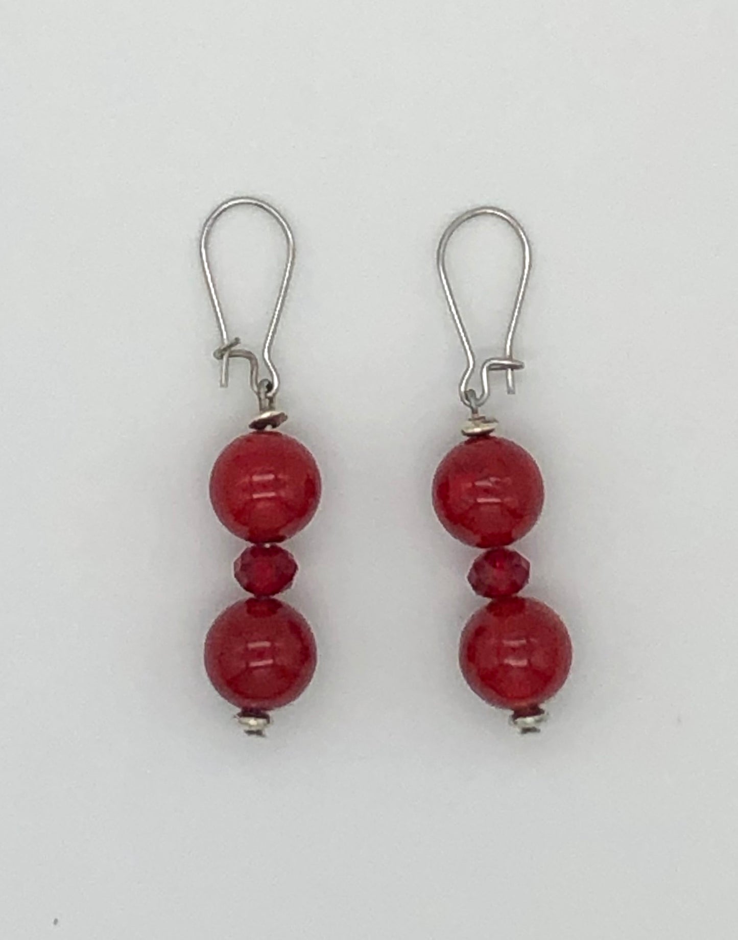 Red round stone and faceted beaded earrings