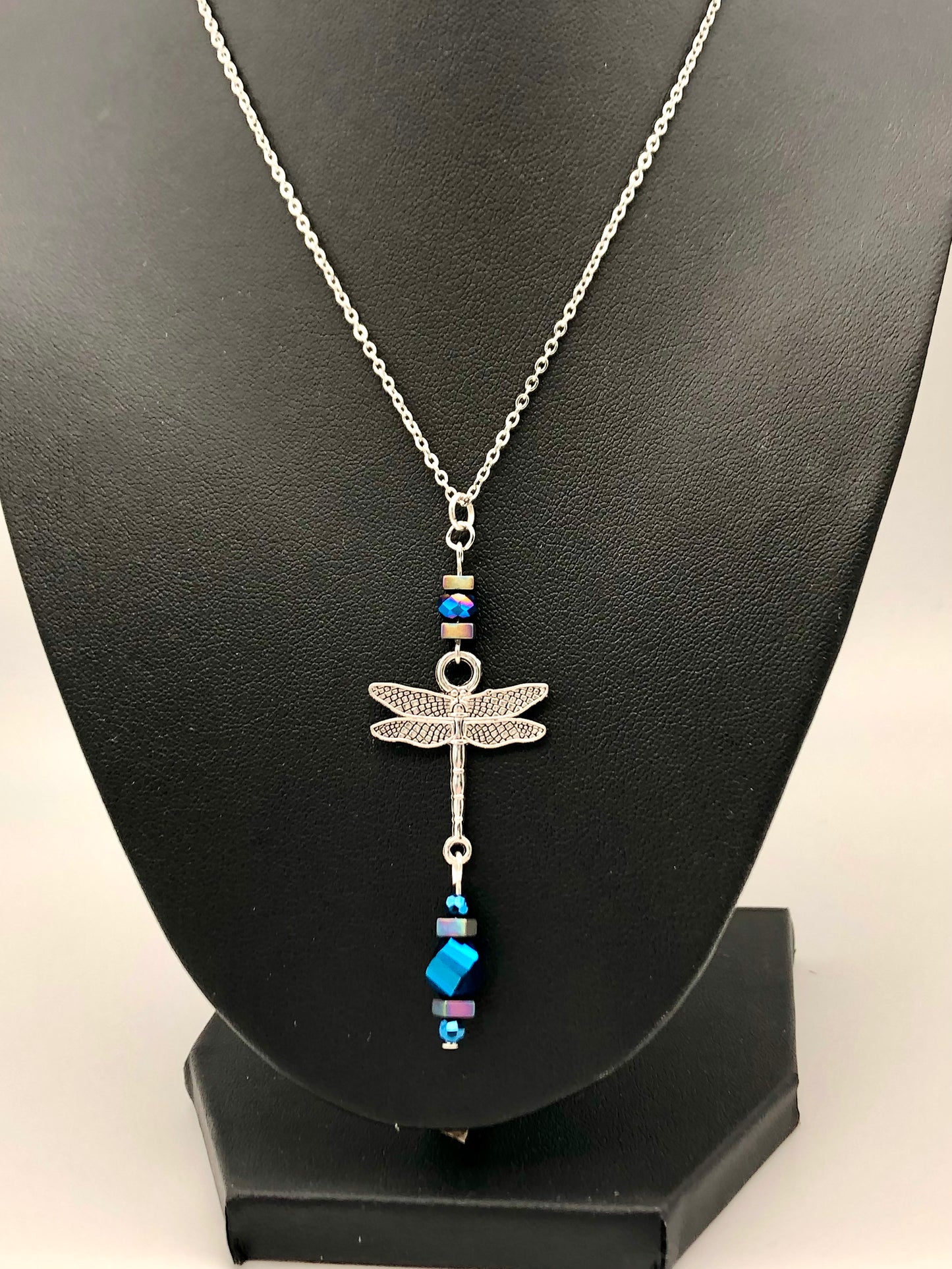 Dragonfly pendant with glass bead detail stainless steel necklace