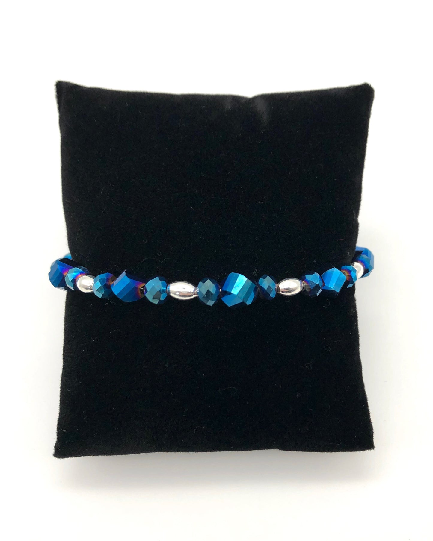 Metallic blue silver bead memory wire bracelet