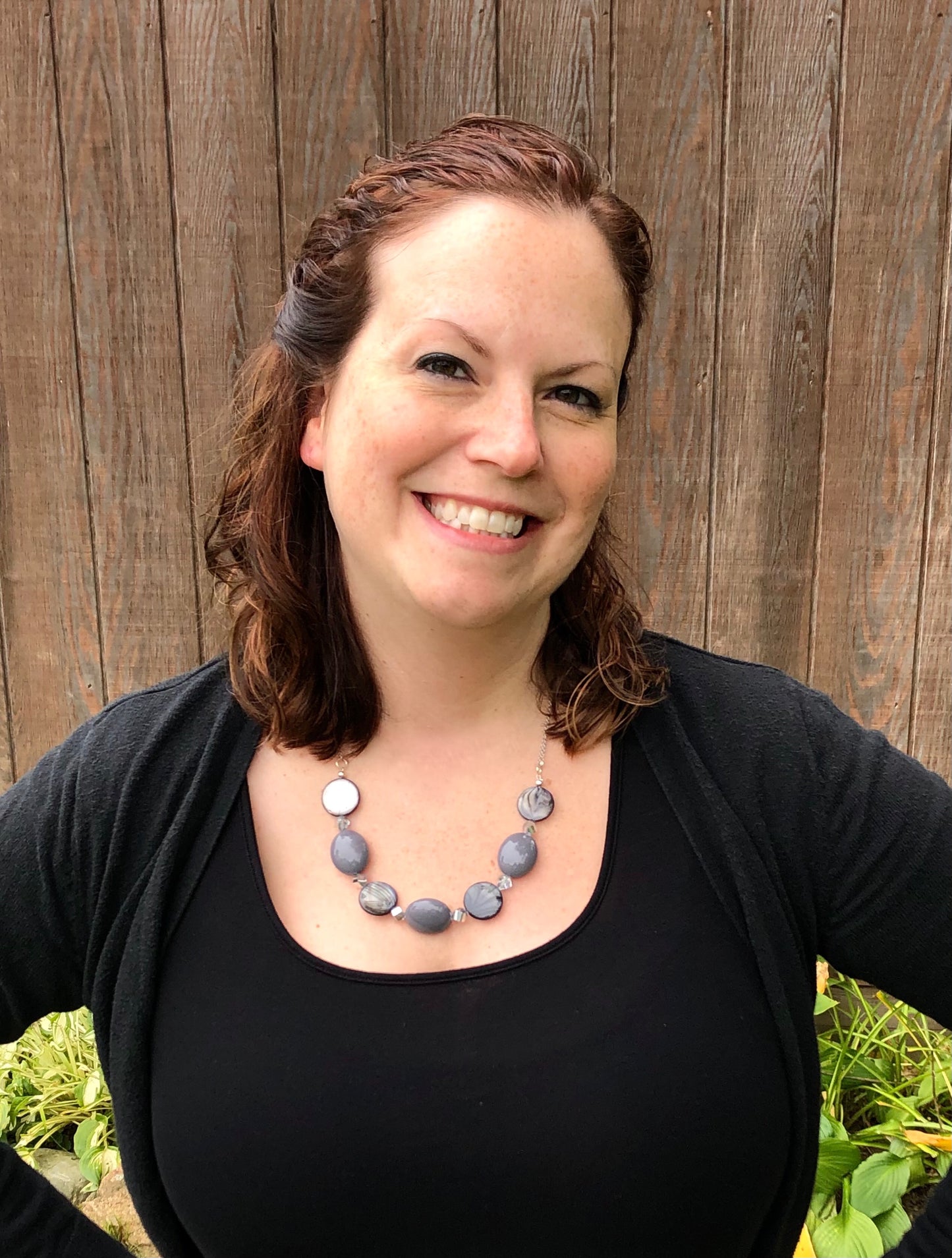 Grey bead and blue-grey shell silver chain necklace