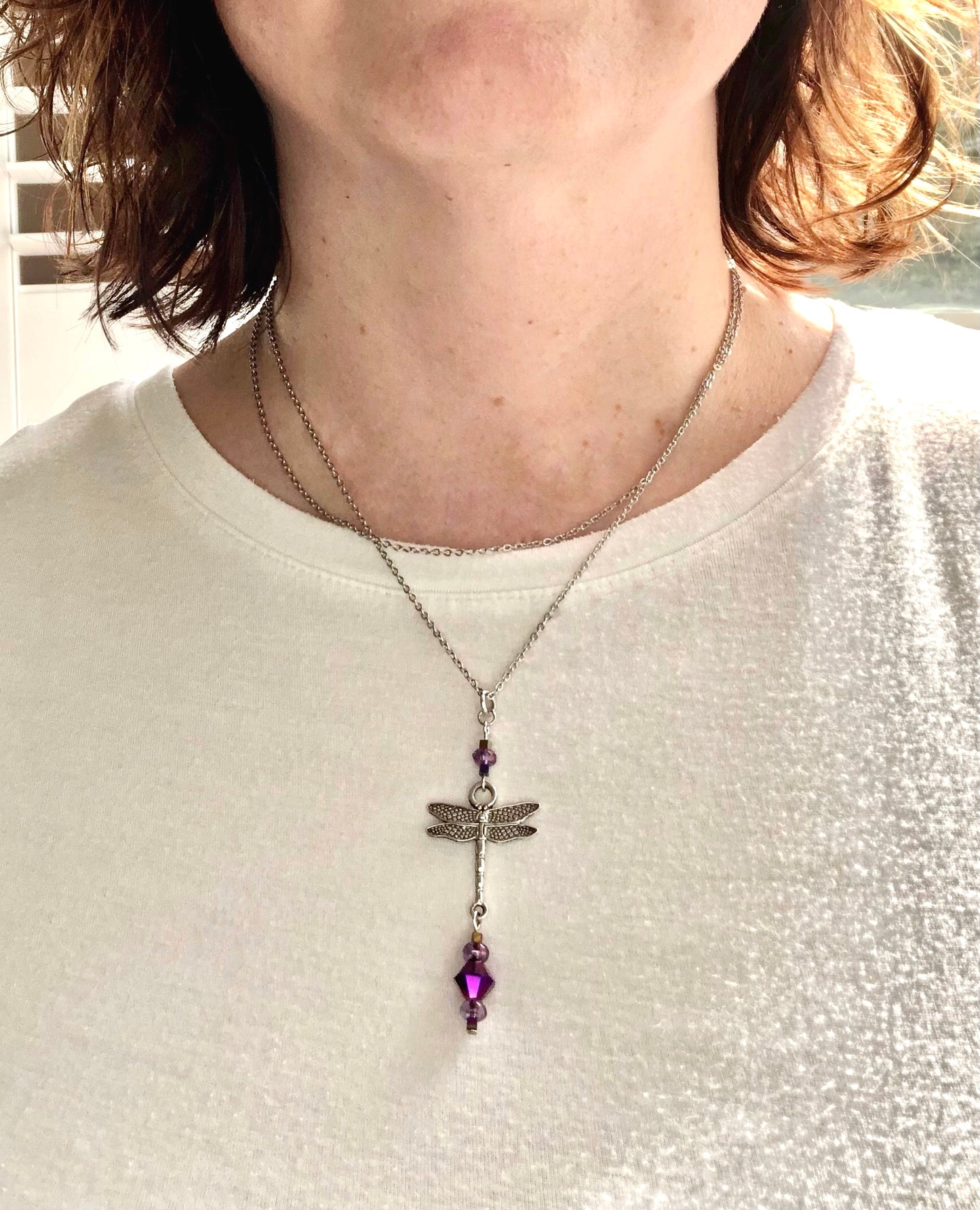 Dragonfly pendant with glass bead detail stainless steel necklace