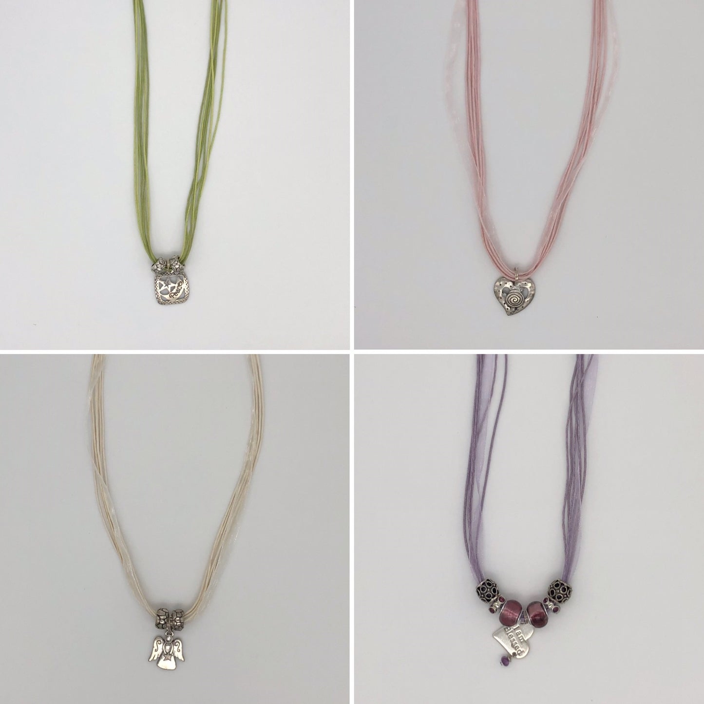 Cotton cord multi strand necklace with positive message pendant