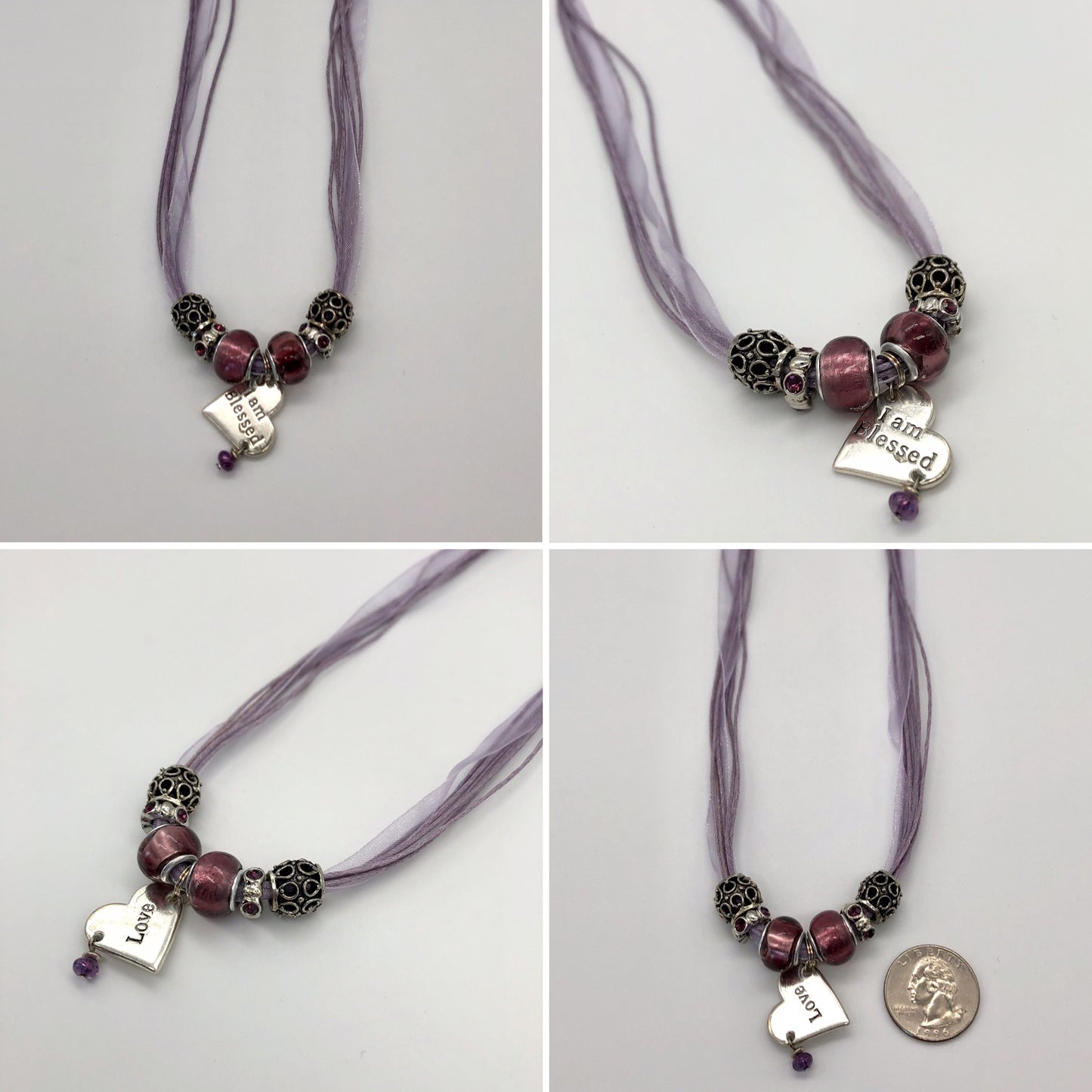 Cotton cord multi strand necklace with positive message pendant