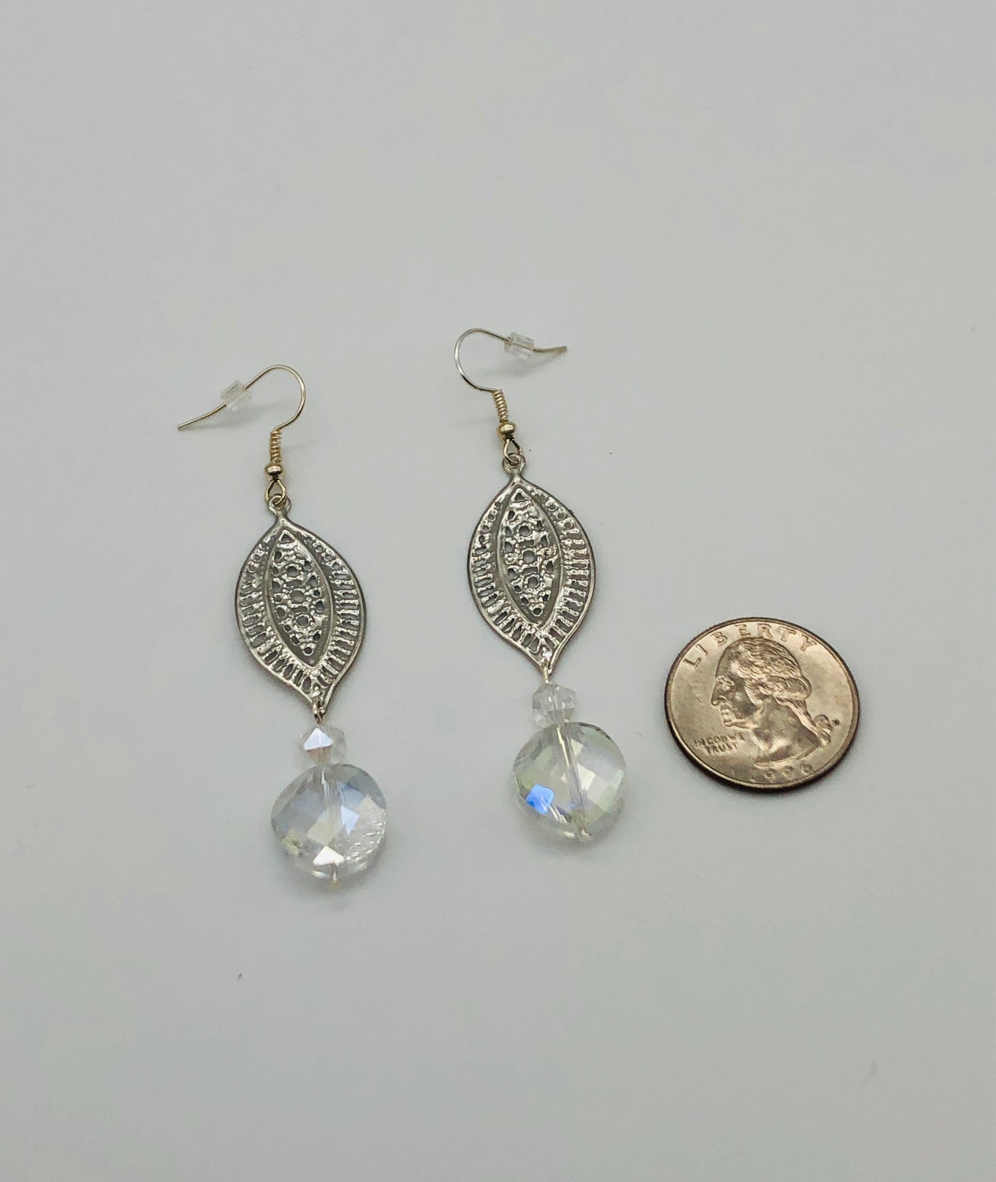 Silver plated paisley cut connector and round crystal glass bead earrings