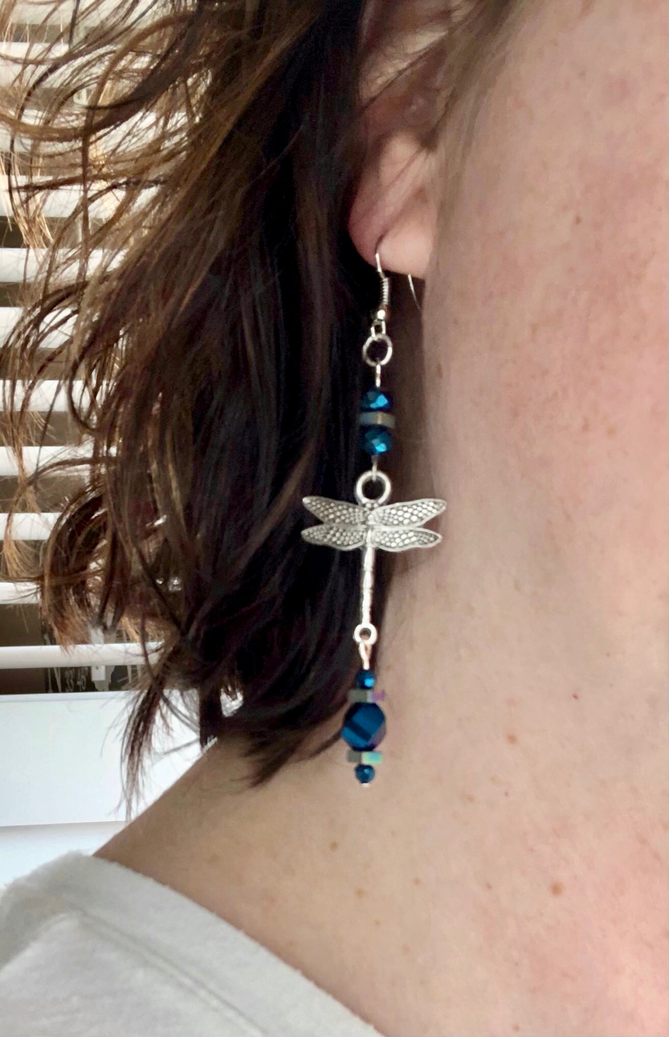 Silver plated dragonfly bead detail dangle earrings