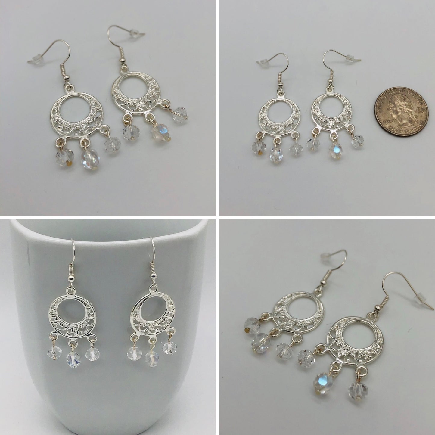 Three glass bead silver plated chandelier fishhook earrings