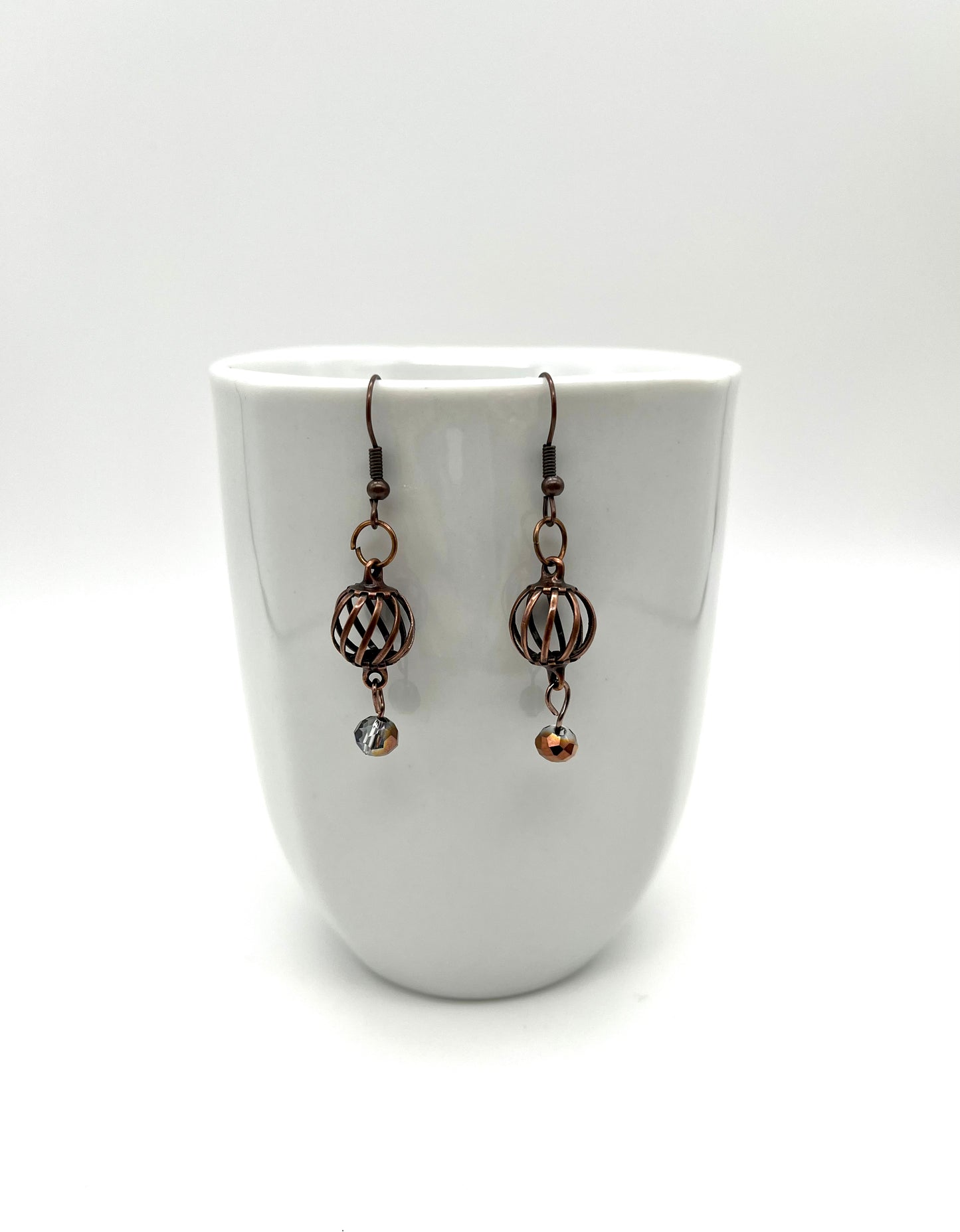 Oxidized copper curve ball earrings