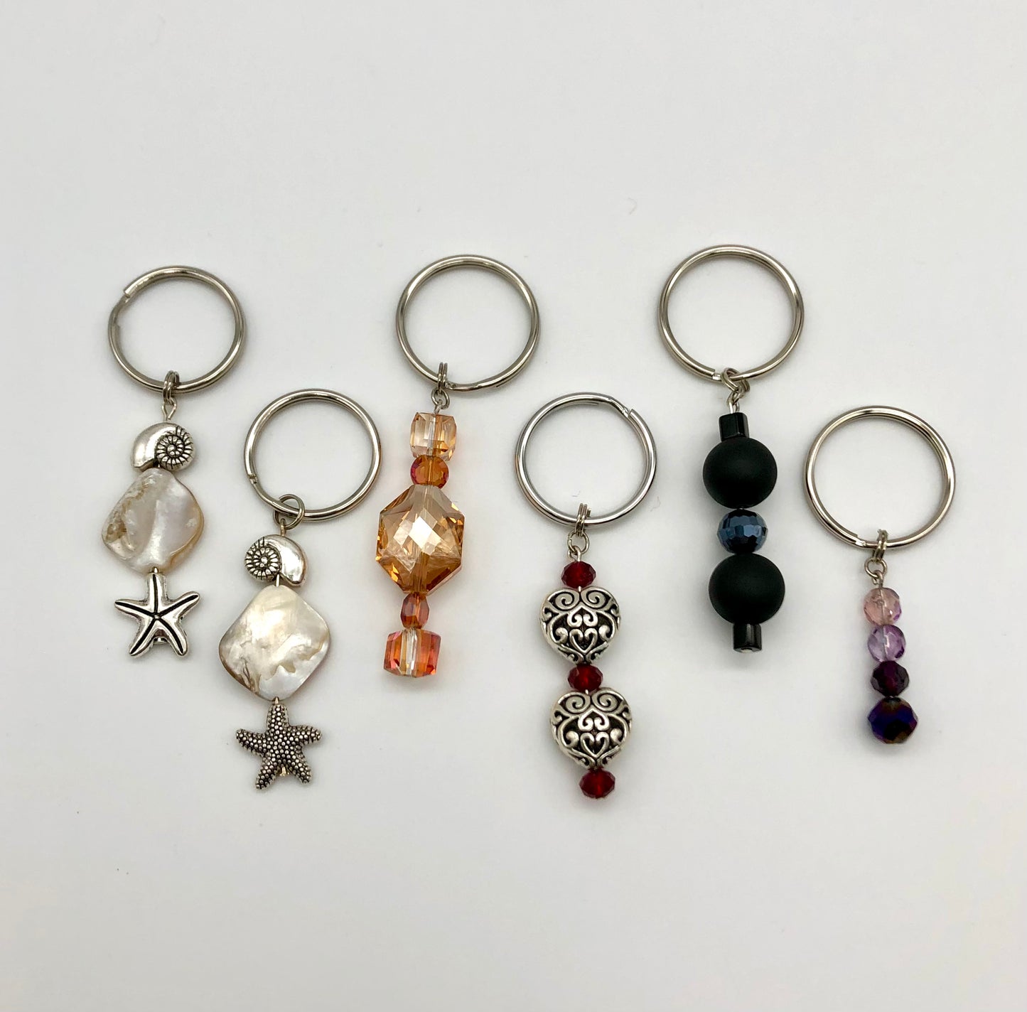 Glass bead keychain, beach shell keychain, silver heart keychain