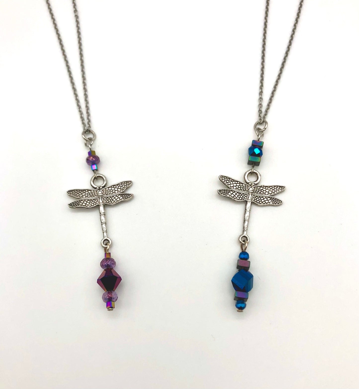 Dragonfly pendant with glass bead detail stainless steel necklace