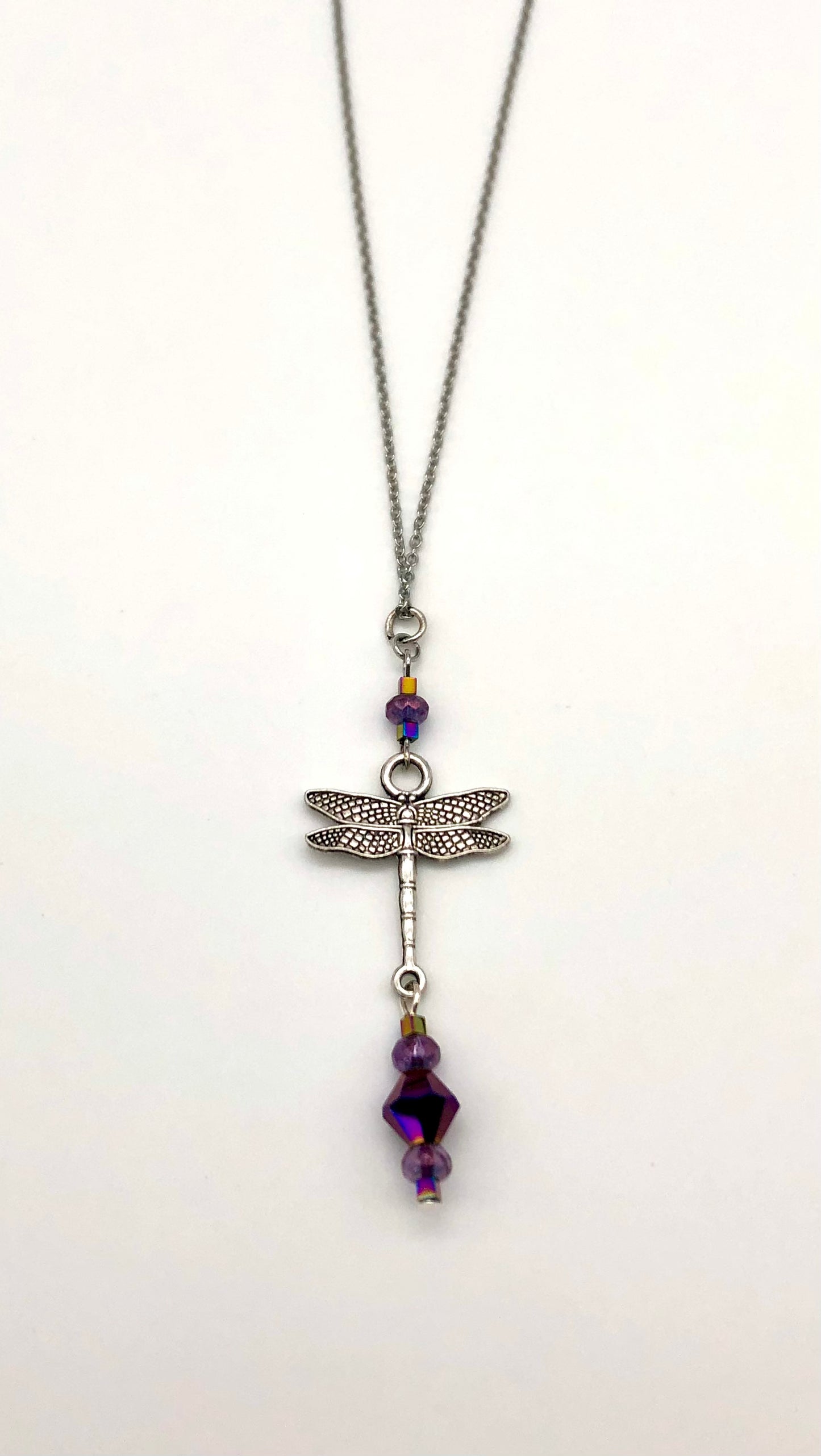 Dragonfly pendant with glass bead detail stainless steel necklace