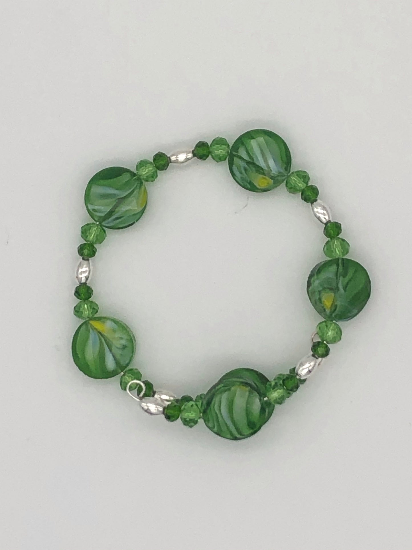 Green marble glass beads silver oval beads memory wire bracelet
