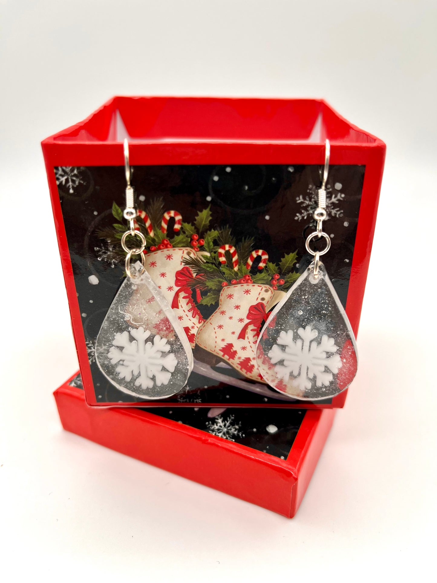 Resin snowflake teardrop shape earrings