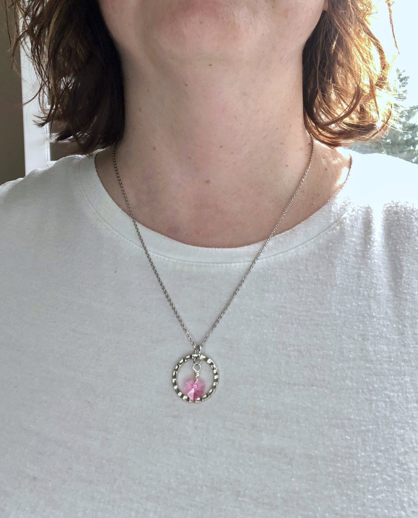 Pink crystal heart pendant silver chain necklace