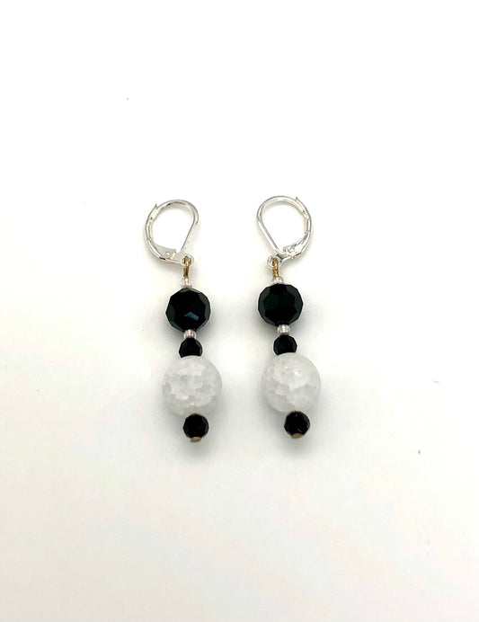 Black faceted and white crackle bead earrings