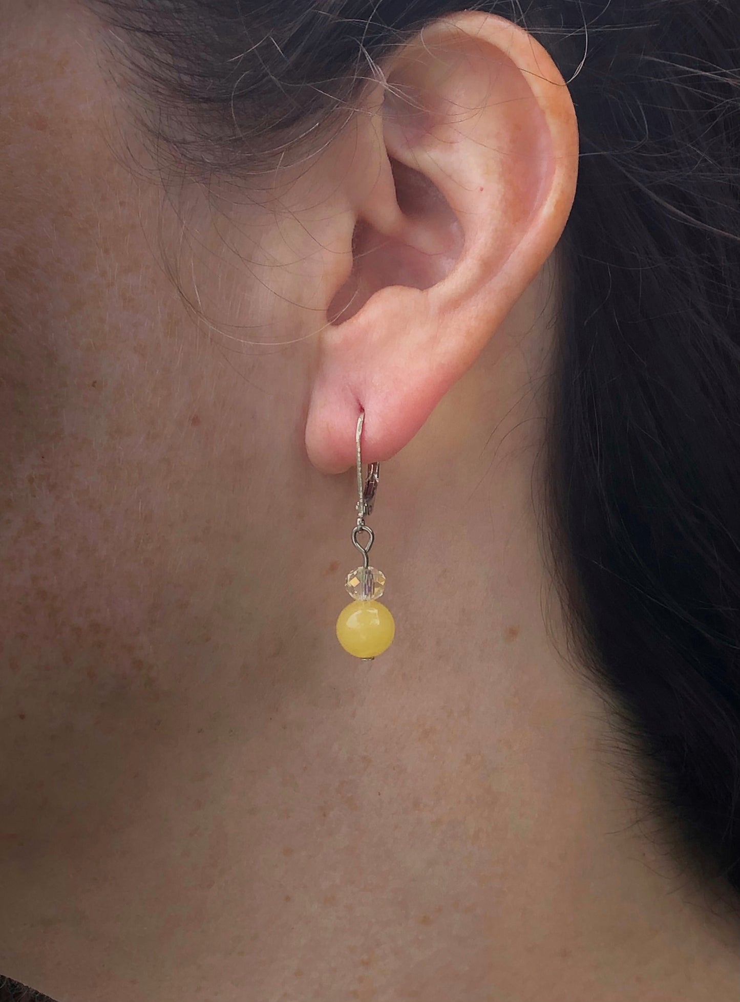Yellow natural stone and glass bead lever back earrings