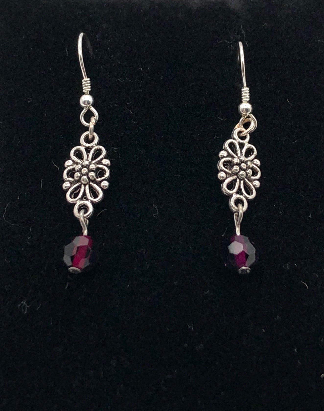 Purple glass bead flower drop earrings