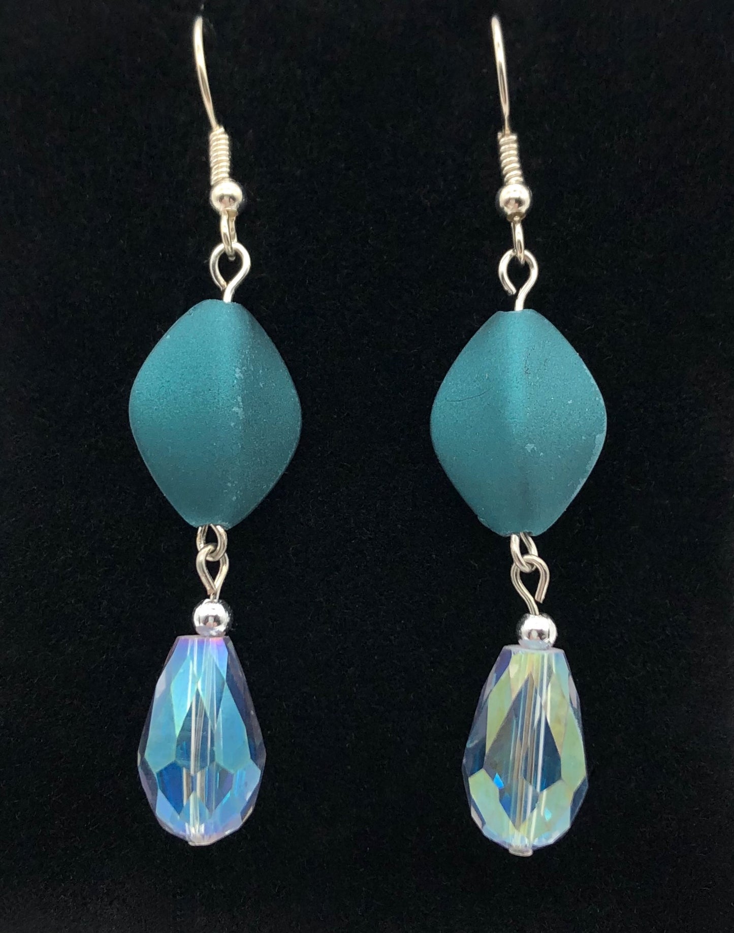 Teal matte oval bead and iris blue teardrop bead earrings