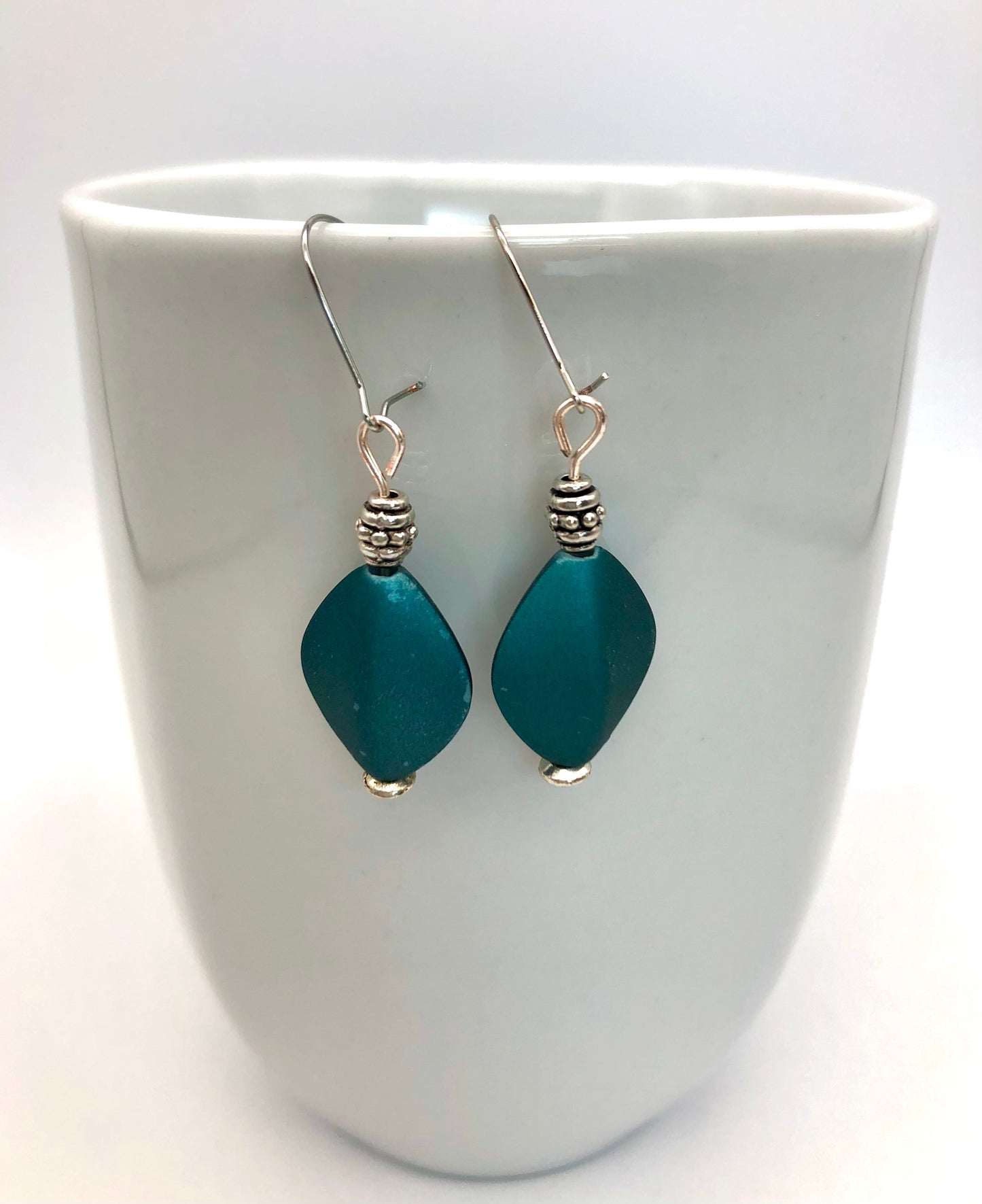 Teal matte oval bead earrings