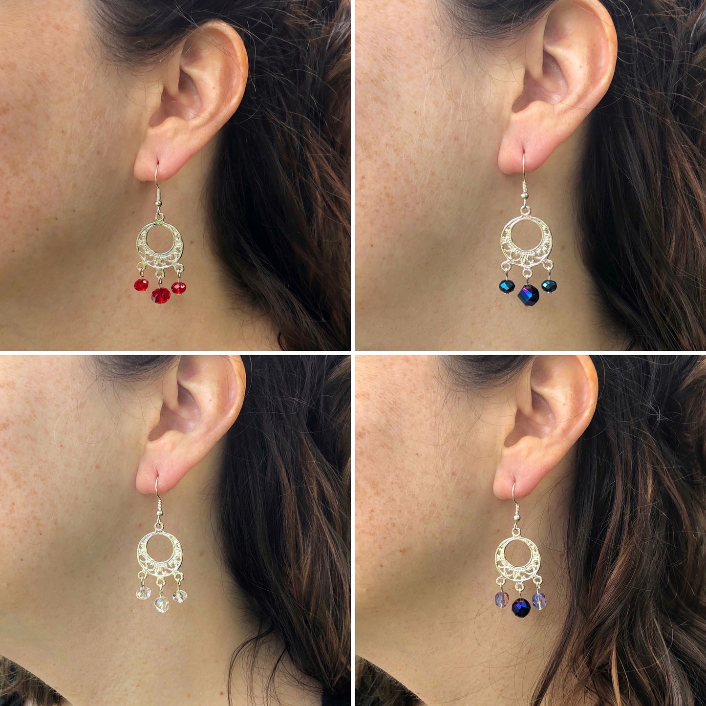 Three glass bead silver plated chandelier fishhook earrings