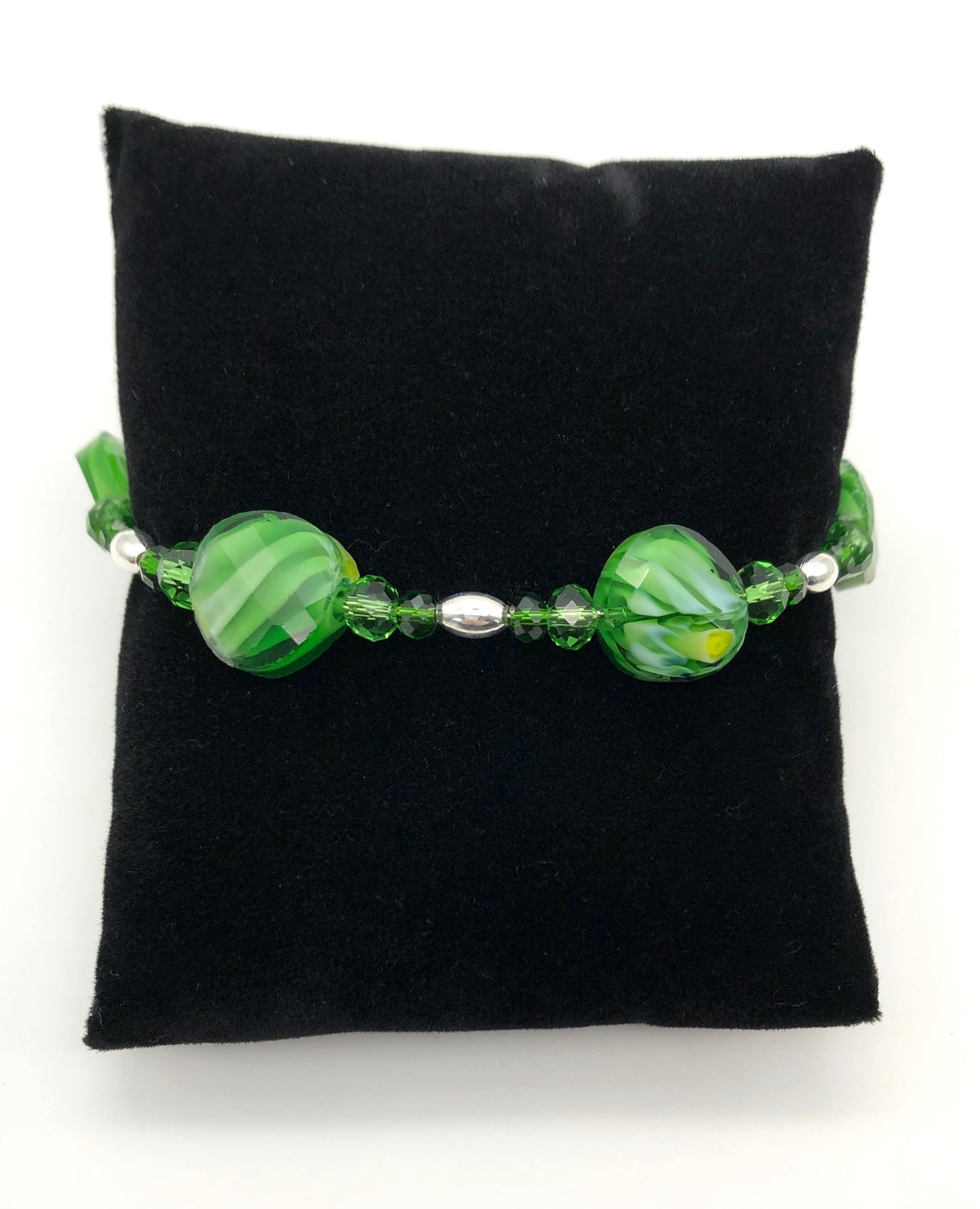 Green marble glass beads silver oval beads memory wire bracelet