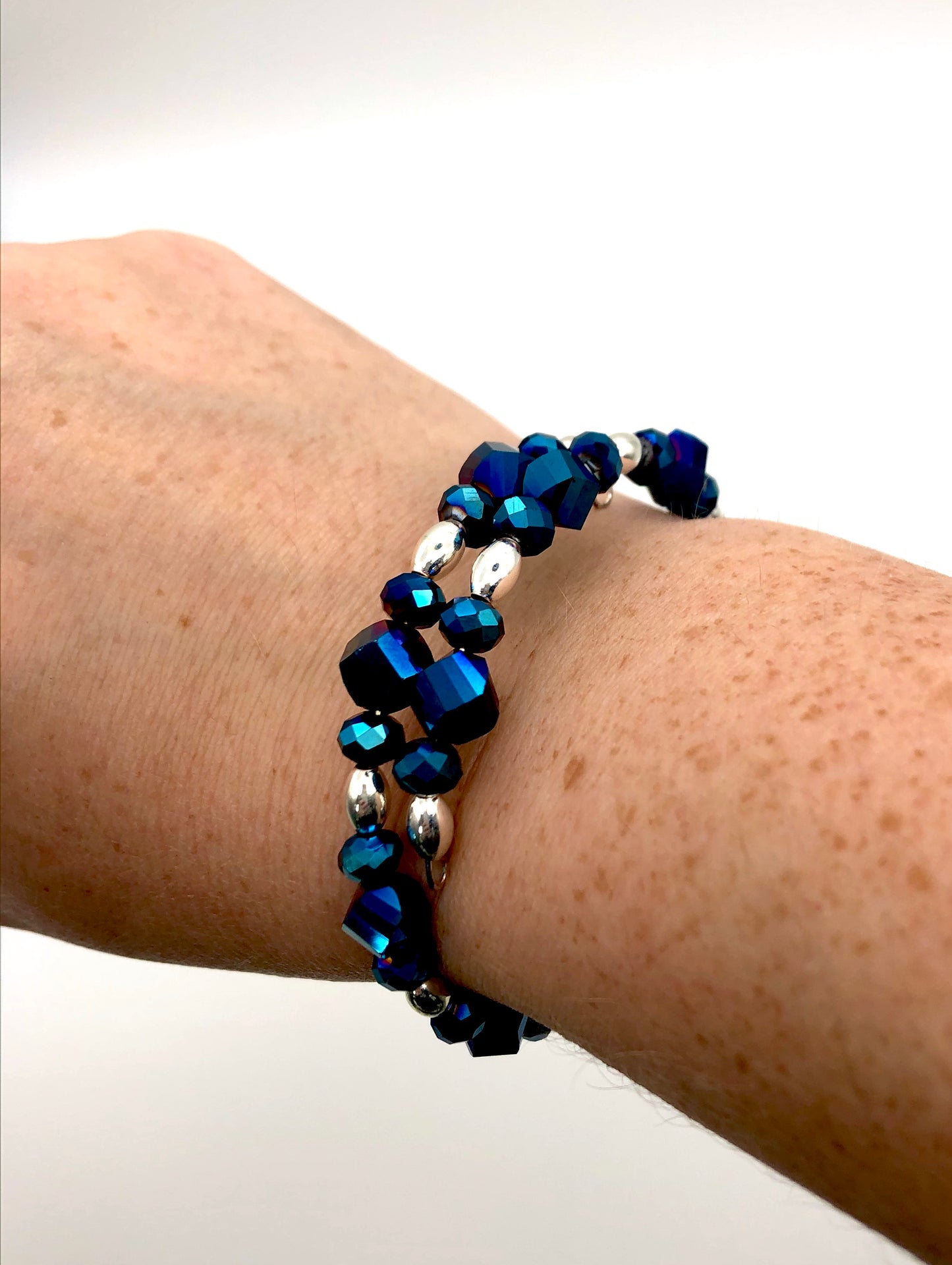 Metallic blue silver bead memory wire bracelet