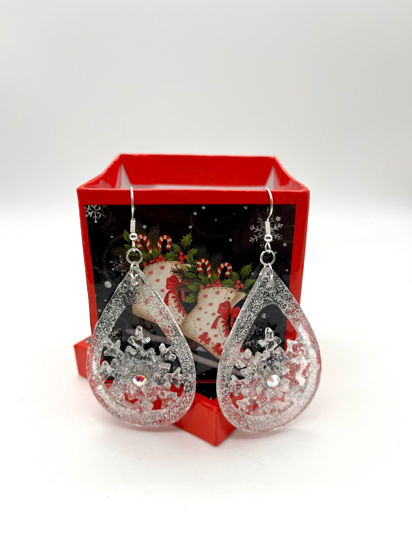 Resin snowflake teardrop shape earrings