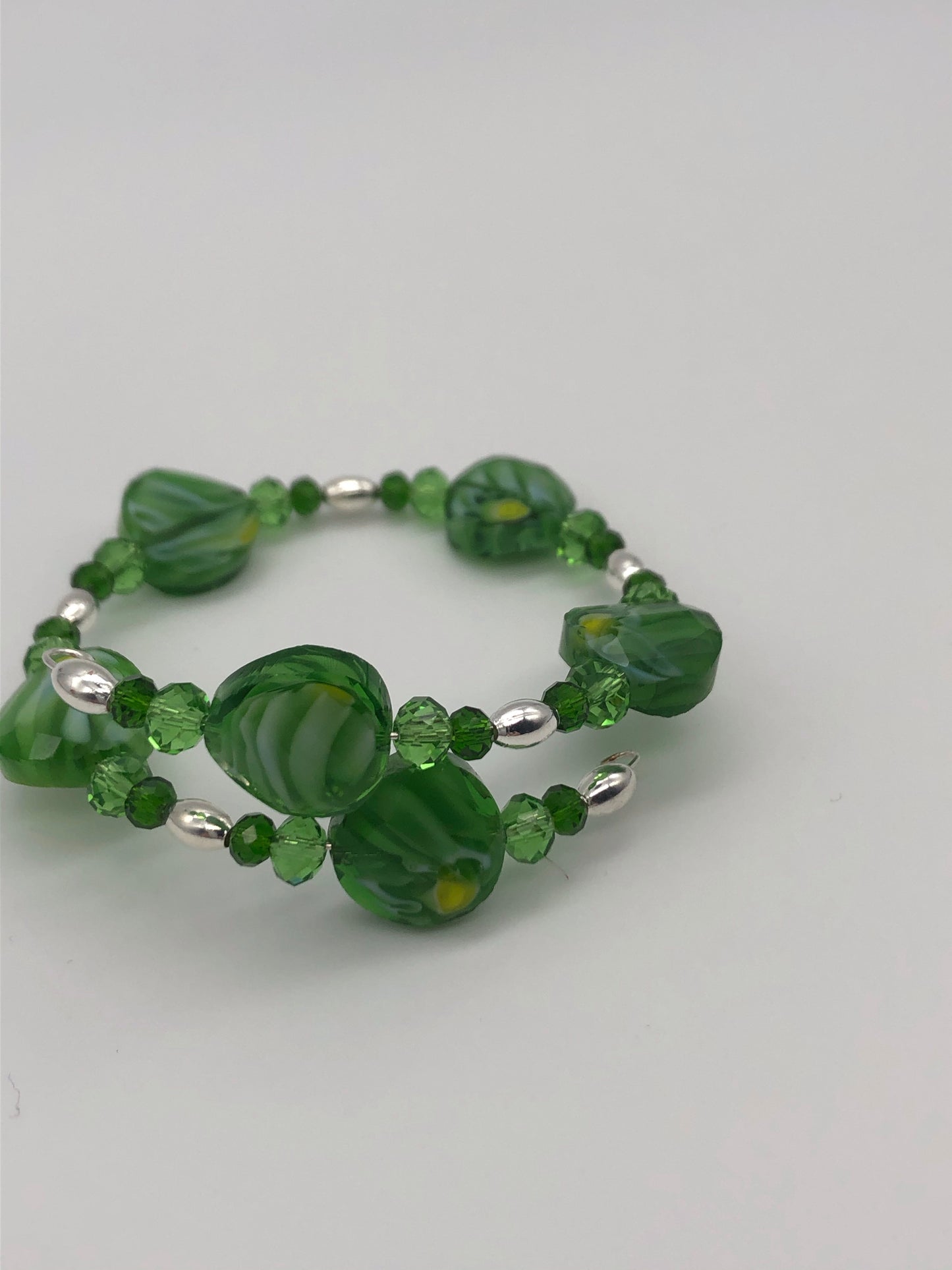 Green marble glass beads silver oval beads memory wire bracelet