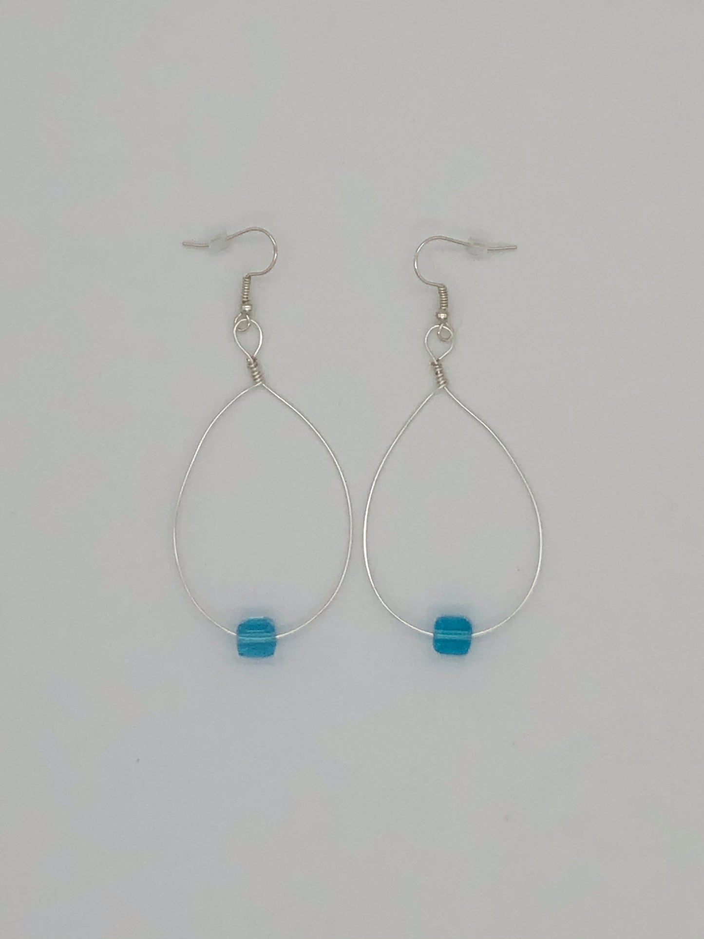 Long wire-wrap aqua glass cube loop earrings