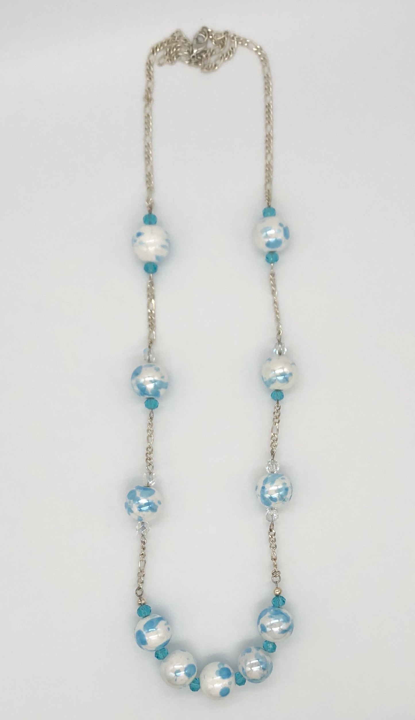 Aqua blue and white marble beaded chain necklace