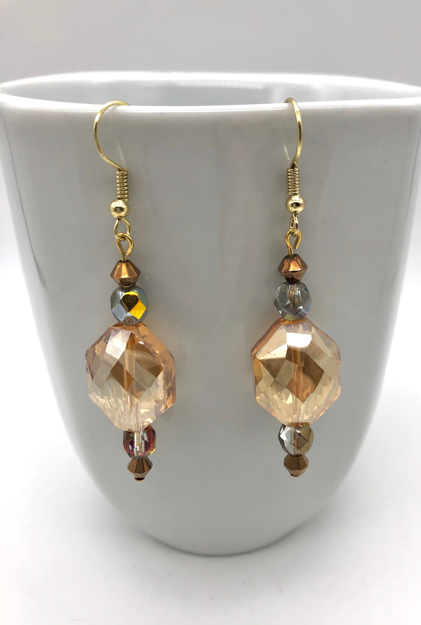 Gold crystal and amber-colored beaded earrings