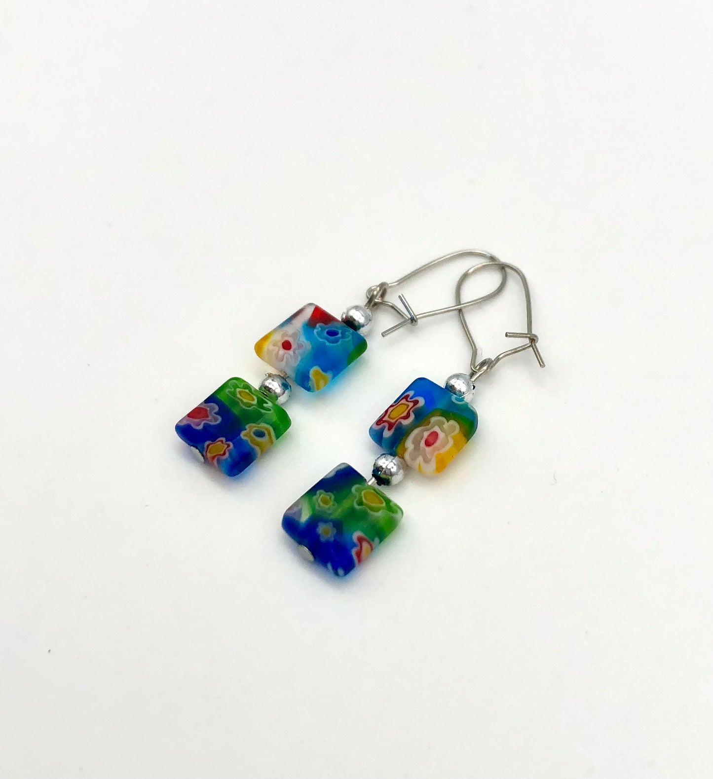 Multi-color millefiori square glass bead earrings