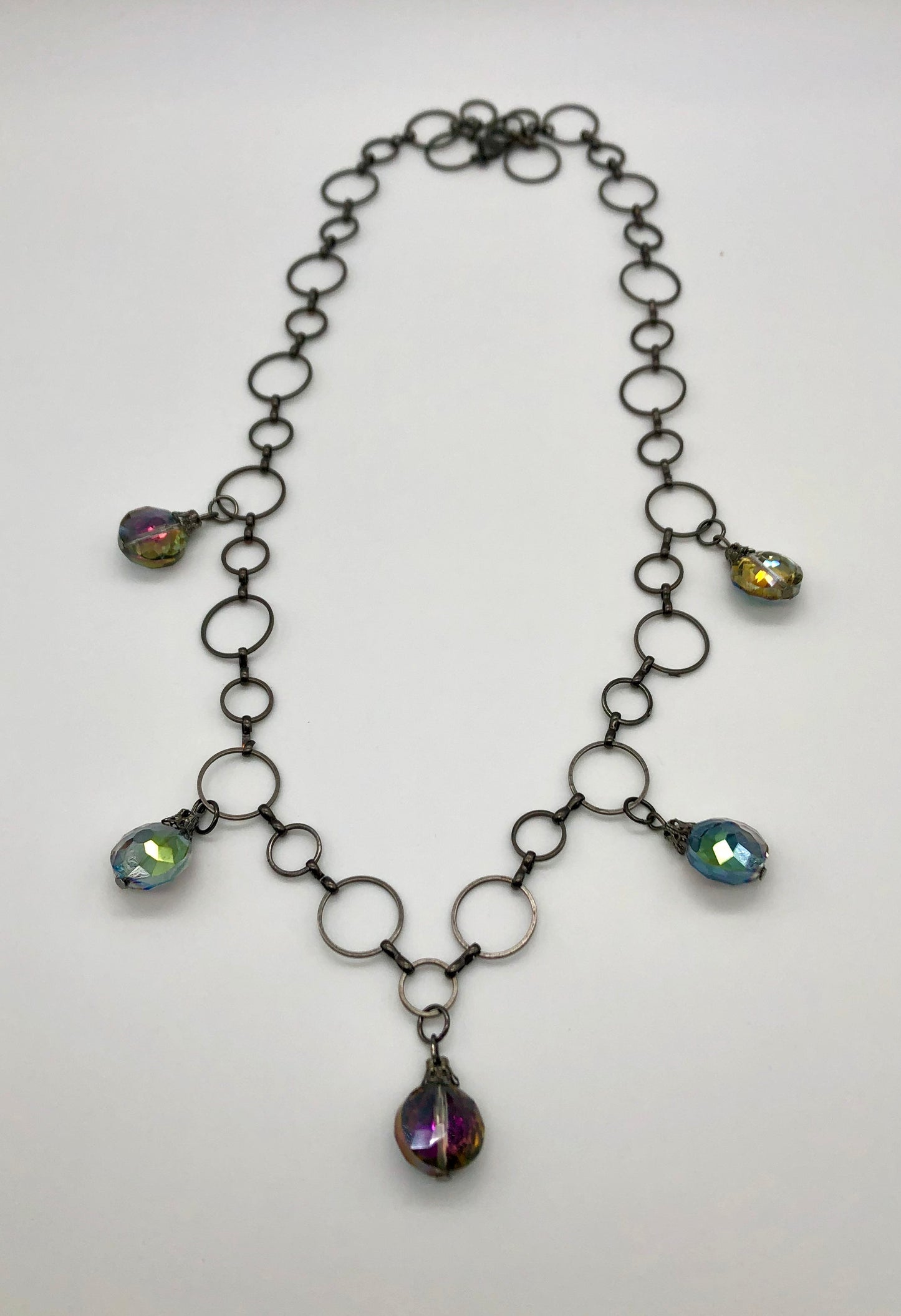 Iridescent glass bulb beads on circle chain necklace