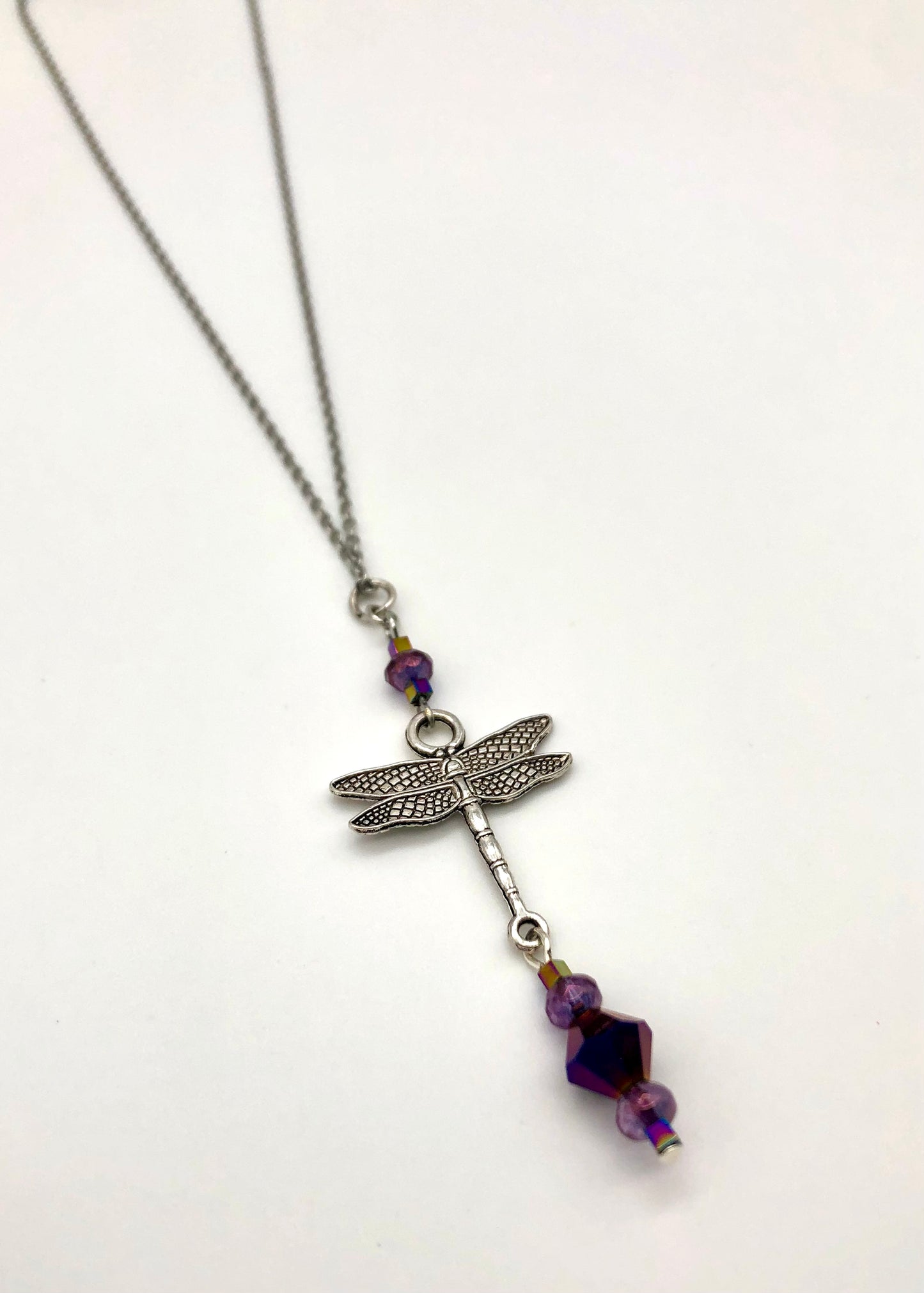 Dragonfly pendant with glass bead detail stainless steel necklace