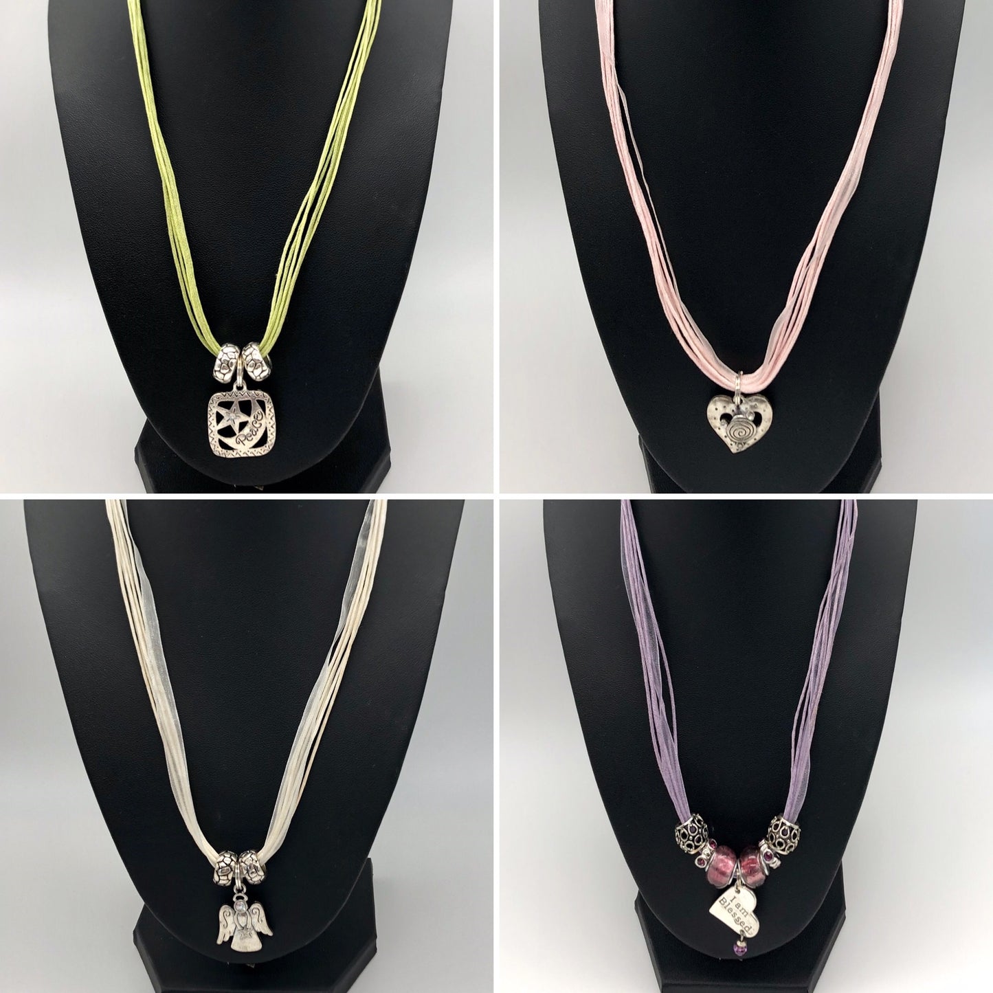 Cotton cord multi strand necklace with positive message pendant