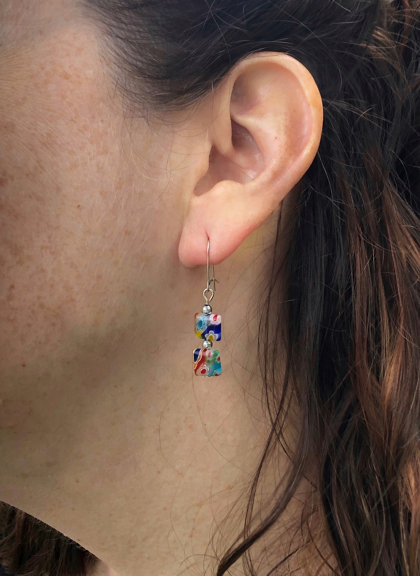 Multi-color millefiori square glass bead earrings