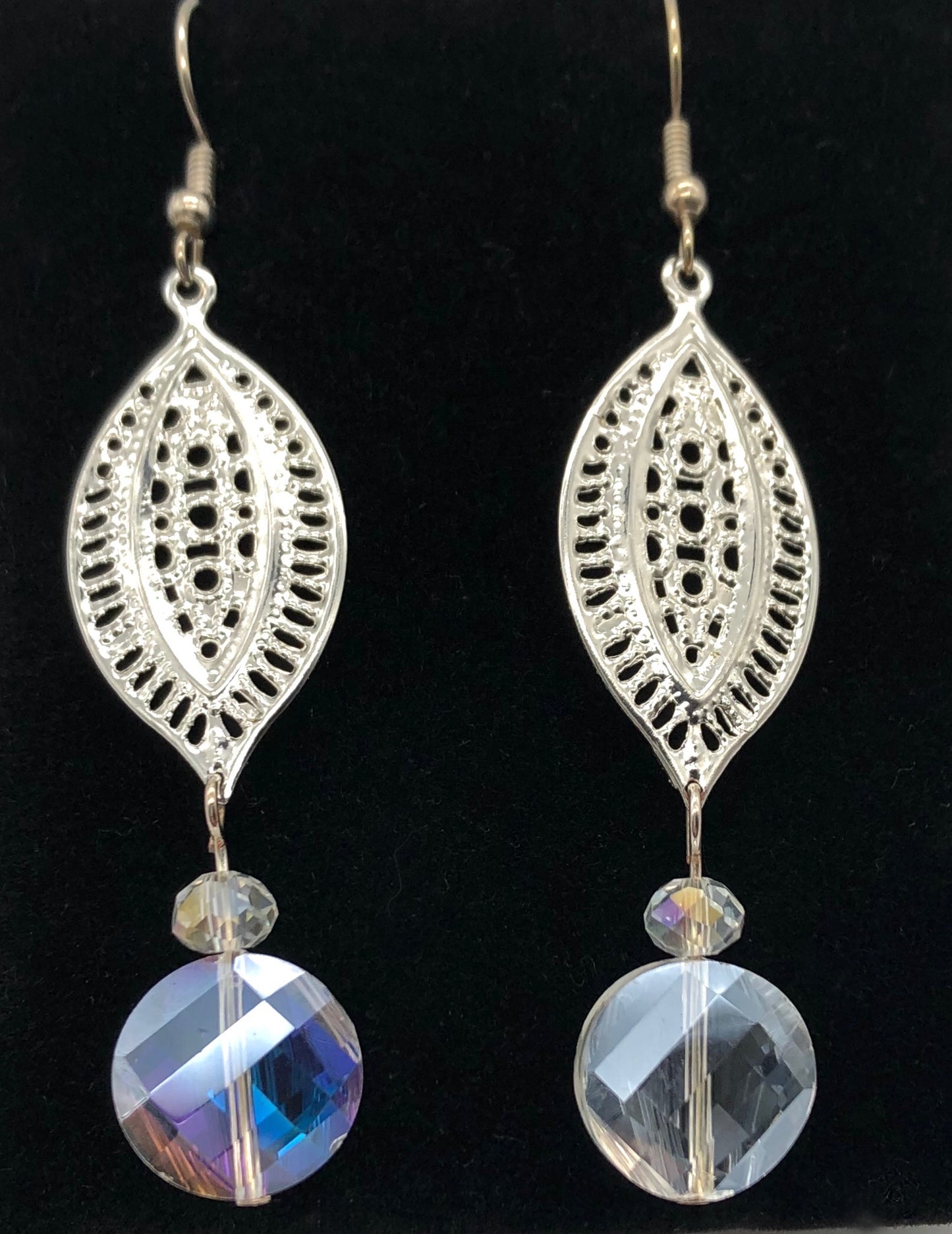 Silver plated paisley cut connector and round crystal glass bead earrings