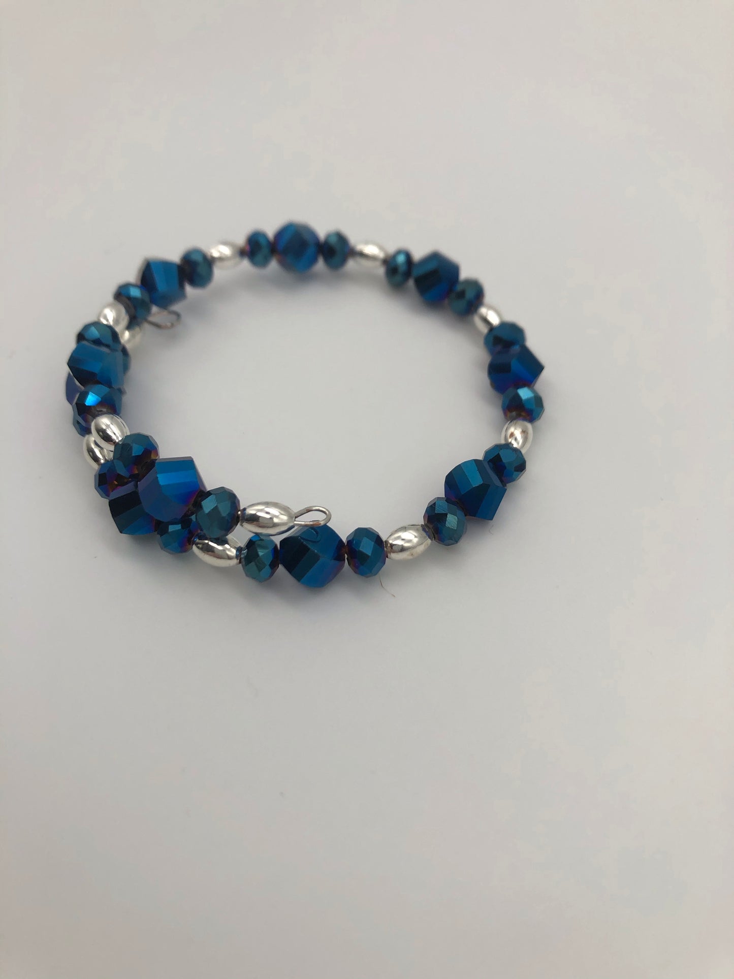 Metallic blue silver bead memory wire bracelet