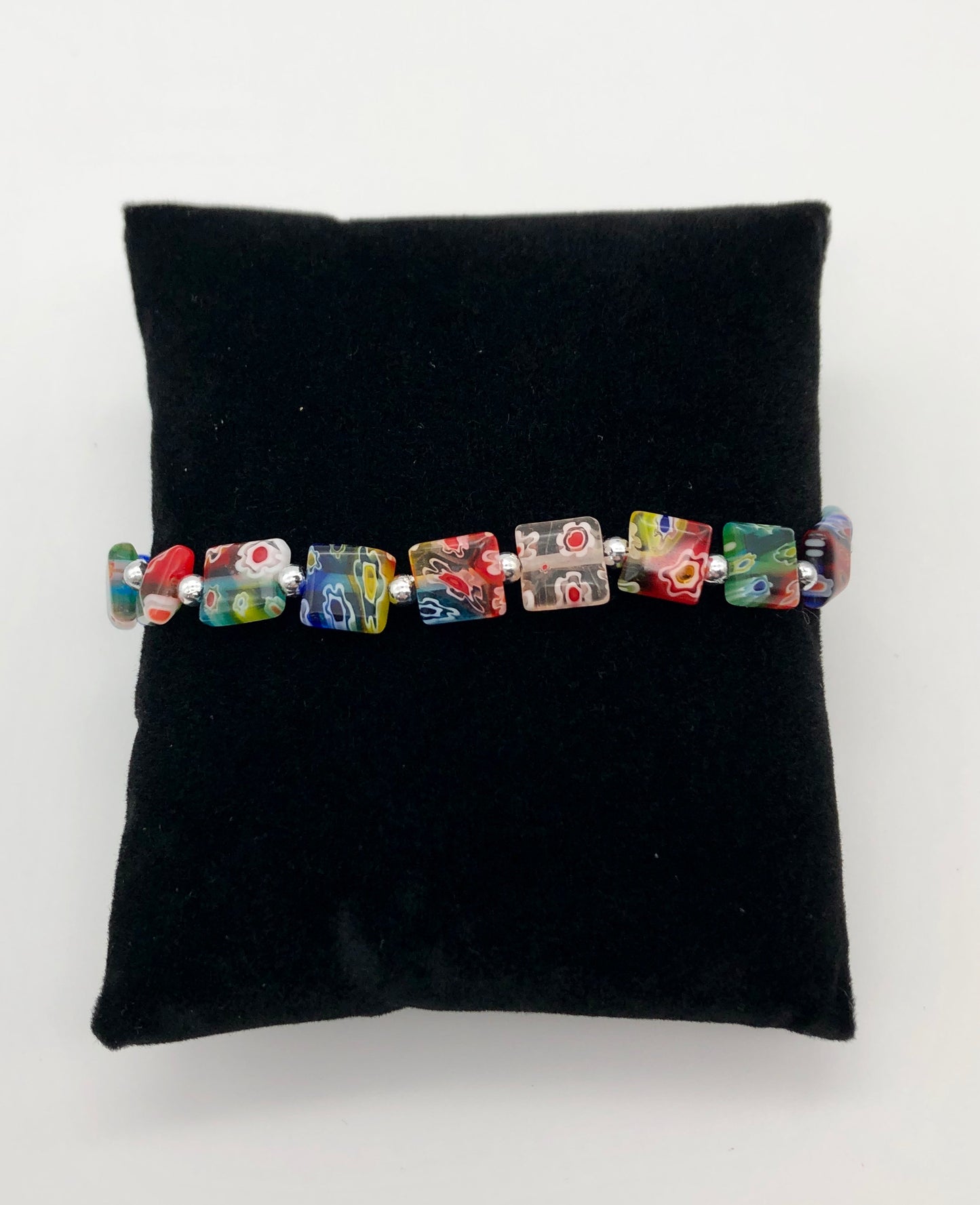Multi-colored millefiori square beaded stretch bracelet
