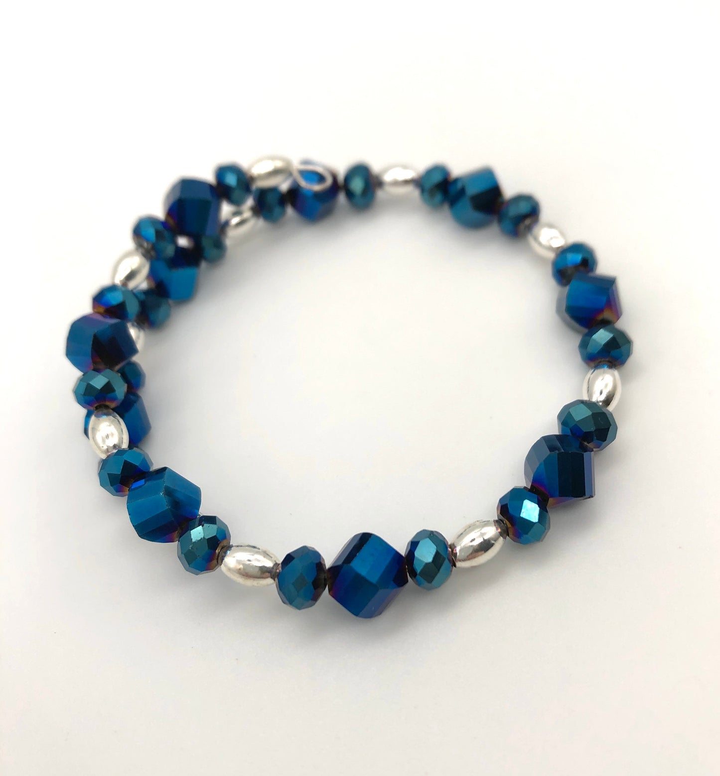 Metallic blue silver bead memory wire bracelet