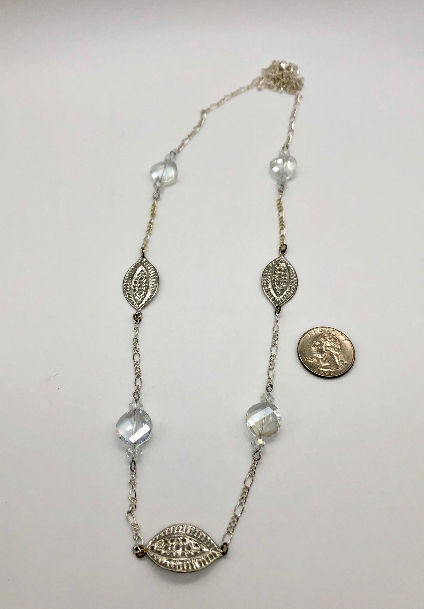Silver plated paisley cut connector and round crystal glass bead chain necklace