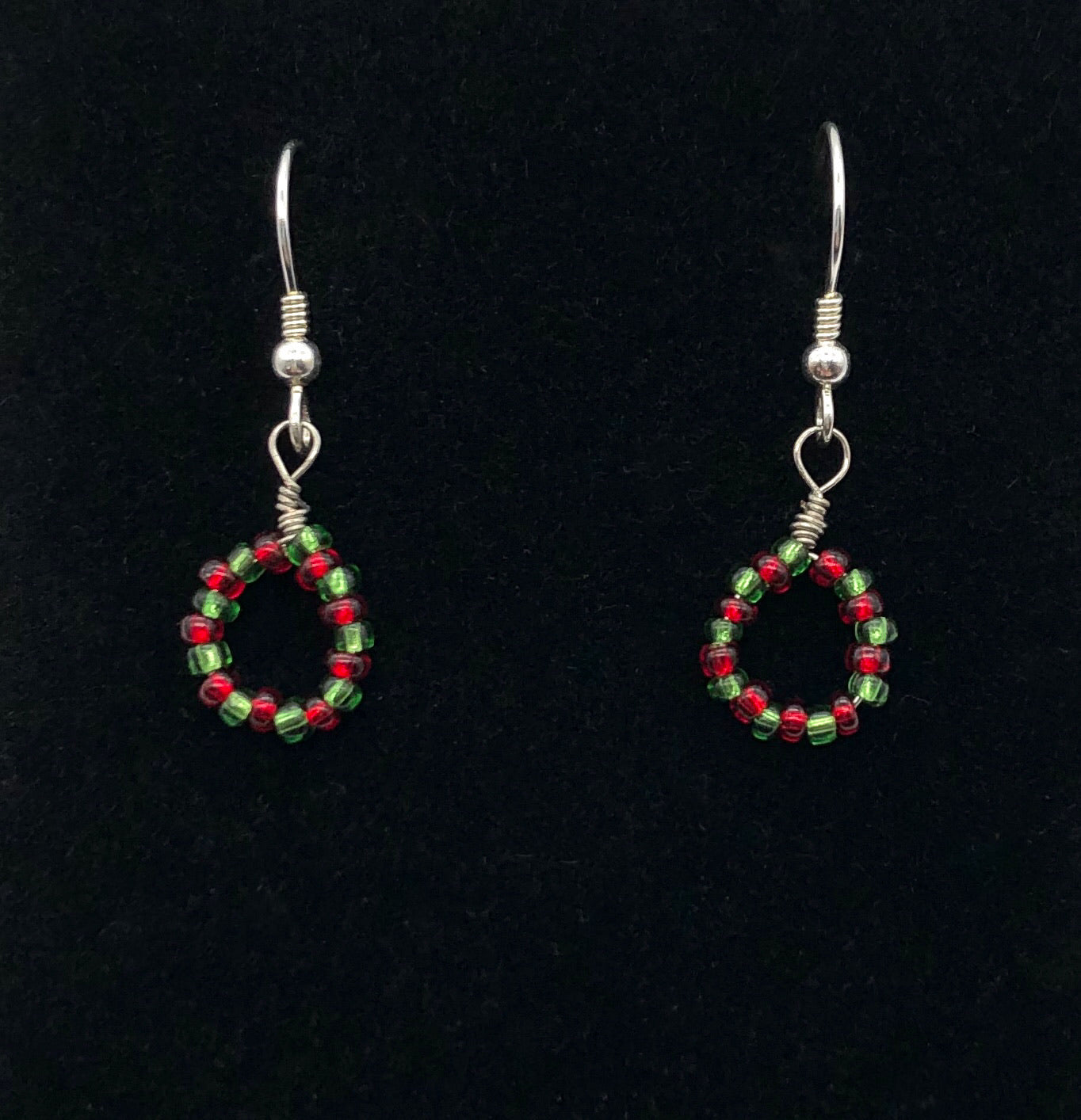 Red and green seed bead wreath fishhook earrings