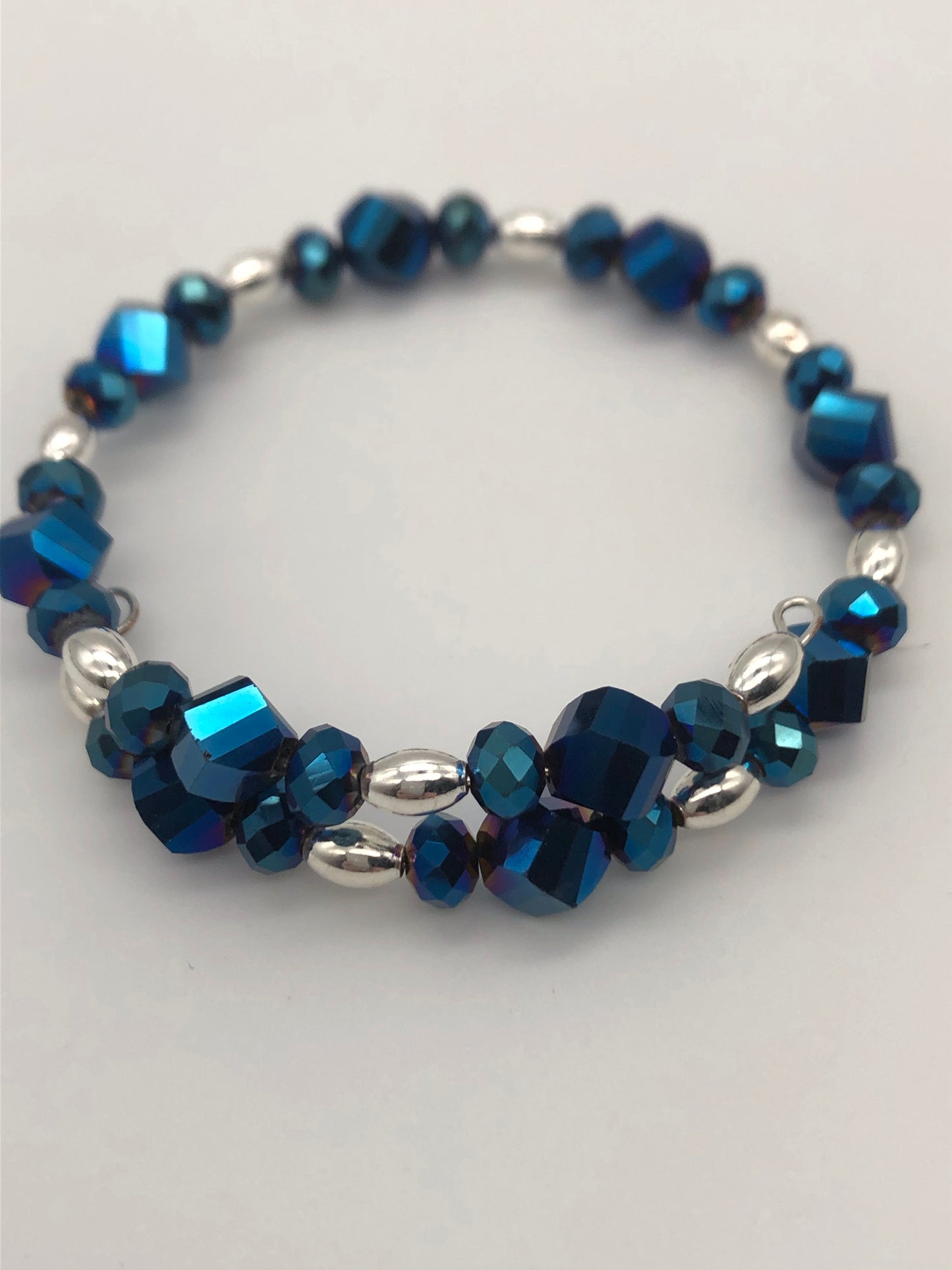 Metallic blue silver bead memory wire bracelet