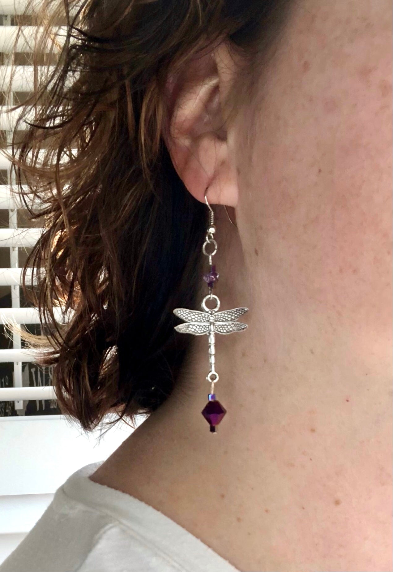 Silver plated dragonfly bead detail dangle earrings